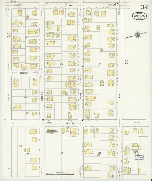Sanborn Fire Insurance Map from Waltham, Middlesex County, Massachusetts (1911), Sheet #0034 - Historic Sanborn Fire Insurance Map Print, vintage old map wall art, antique decor, genealogy gift, Massachusetts Massachusetts map