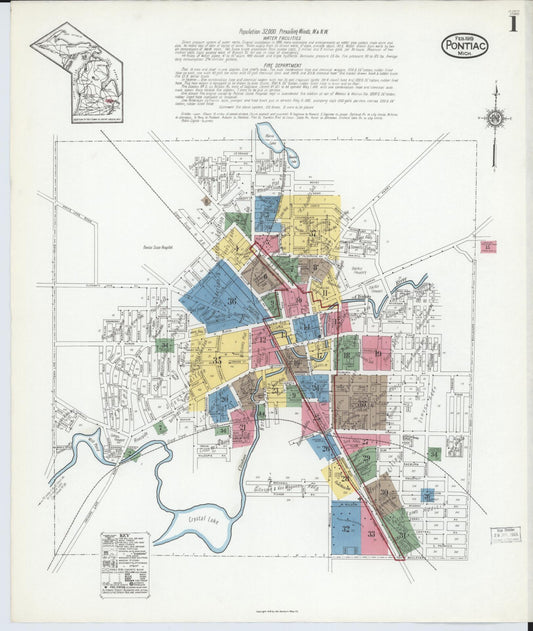 Sanborn Fire Insurance Map from Pontiac, Oakland County, Michigan (1919), Sheet #0001 - Historic Sanborn Fire Insurance Map Print, vintage old map wall art, antique decor, genealogy gift, Michigan Michigan map