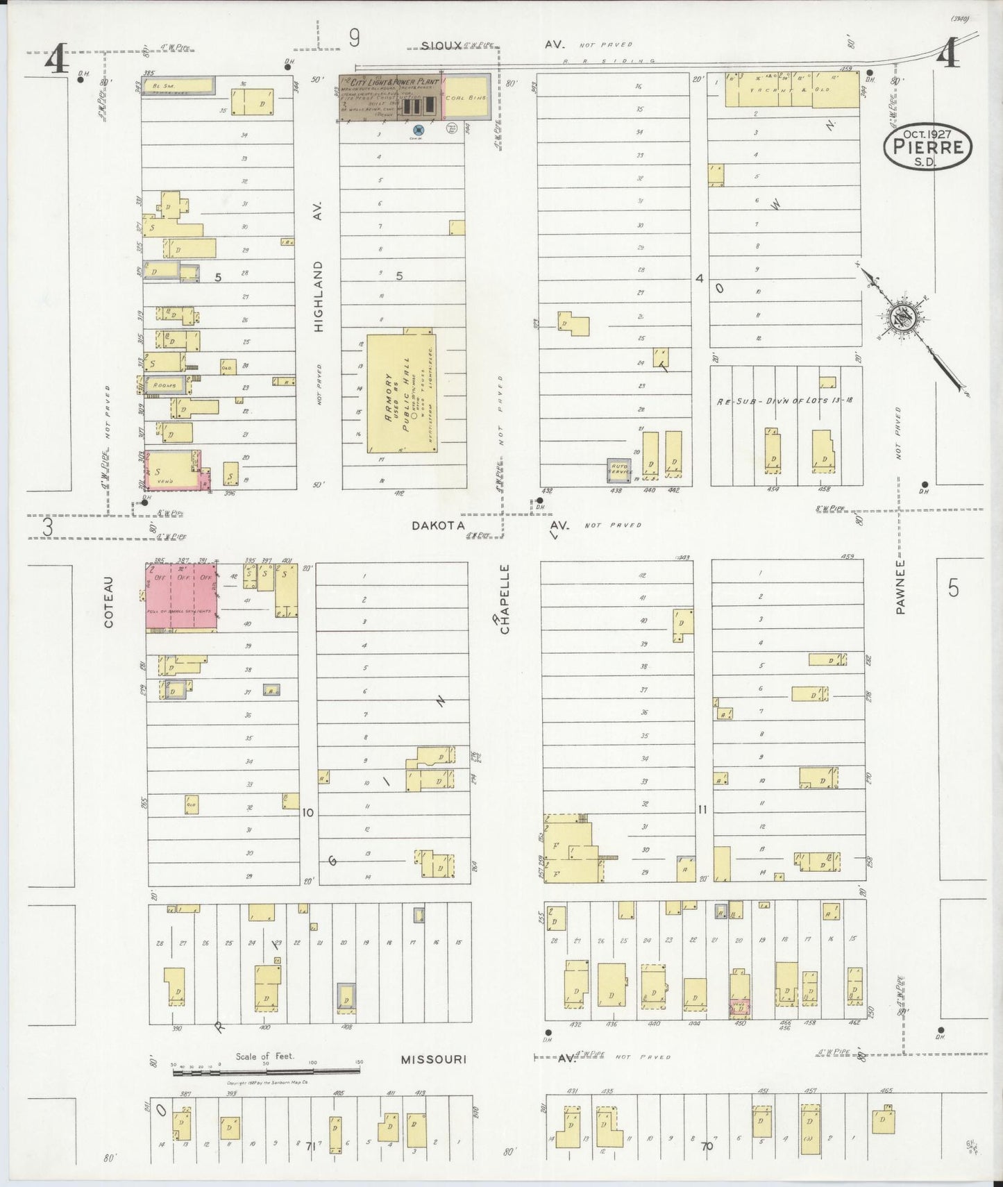 Sanborn Fire Insurance Map from Pierre, Hughes County, South Dakota (1927), Sheet #0004 - Historic Sanborn Fire Insurance Map Print, vintage old map wall art, antique decor, genealogy gift, South Dakota South Dakota map