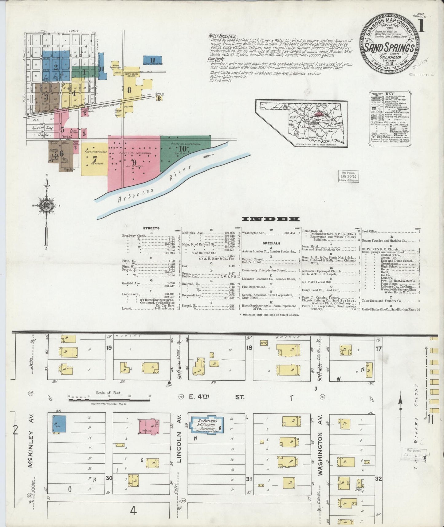 Sanborn Fire Insurance Map from Sand Springs, Tulsa County, Oklahoma (1919), Sheet #0001 - Complete Map Set gallery image, historic Sanborn map, vintage wall art, Oklahoma Oklahoma