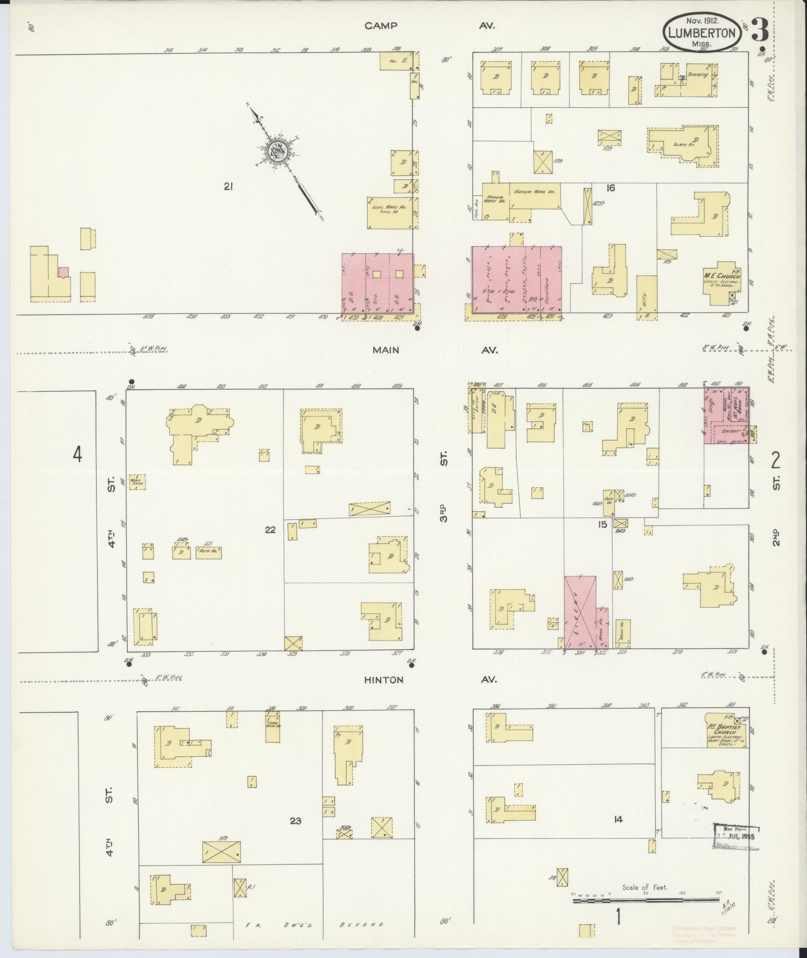 Sanborn Fire Insurance Map from Lumberton, Lamar County, Mississippi (1912), Sheet #0003 - Complete Map Set gallery image, historic Sanborn map, vintage wall art, Mississippi Mississippi