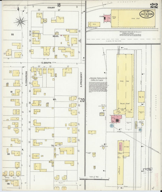 Sanborn Fire Insurance Map from Jackson, Hinds County, Mississippi (1904), Sheet #0022 - Historic Sanborn Fire Insurance Map Print, vintage old map wall art, antique decor, genealogy gift, Mississippi Mississippi map