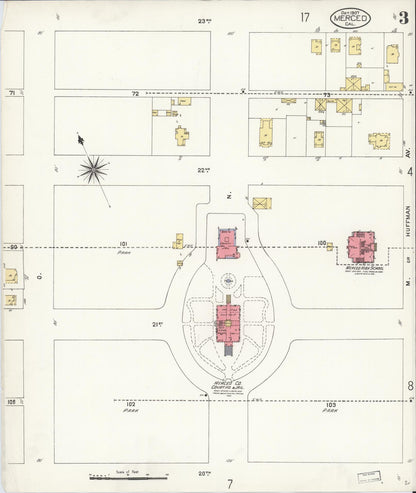 Sanborn Fire Insurance Map from Merced, Merced County, California (1907), Sheet #0003 - Complete Map Set gallery image, historic Sanborn map, vintage wall art, California California