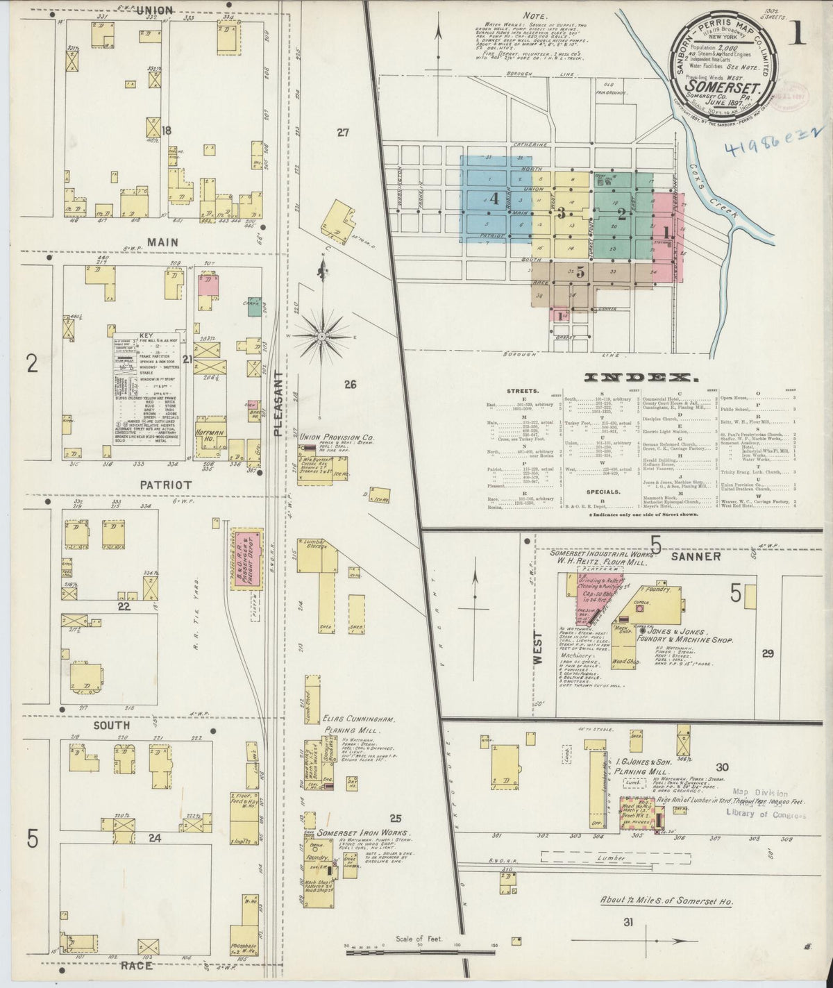 Sanborn Fire Insurance Map from Somerset, Somerset County, Pennsylvania (1897), Sheet #0001 - Historic Sanborn Fire Insurance Map Print, vintage old map wall art, antique decor, genealogy gift, Pennsylvania Pennsylvania map