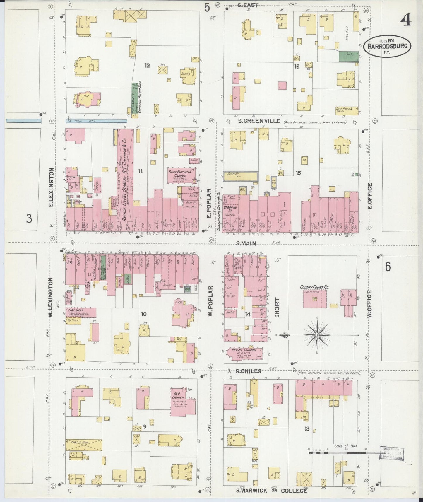 Sanborn Fire Insurance Map from Harrodsburg, Mercer County, Kentucky (1901), Sheet #0004 - Complete Map Set gallery image, historic Sanborn map, vintage wall art, Kentucky Kentucky