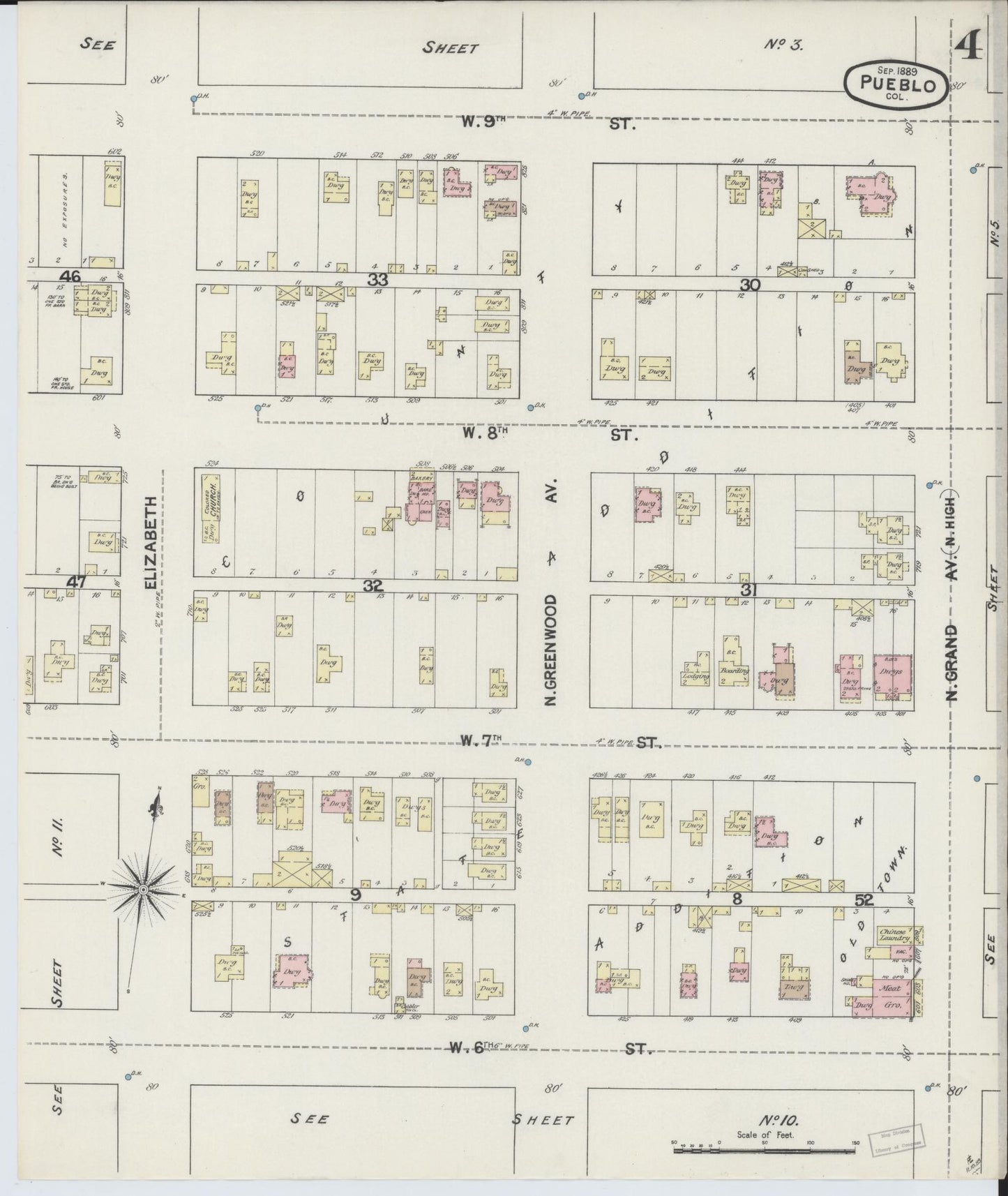 Sanborn Fire Insurance Map from Pueblo, Pueblo County, Colorado (1889), Sheet #0004 - Complete Map Set gallery image, historic Sanborn map, vintage wall art, Colorado Colorado