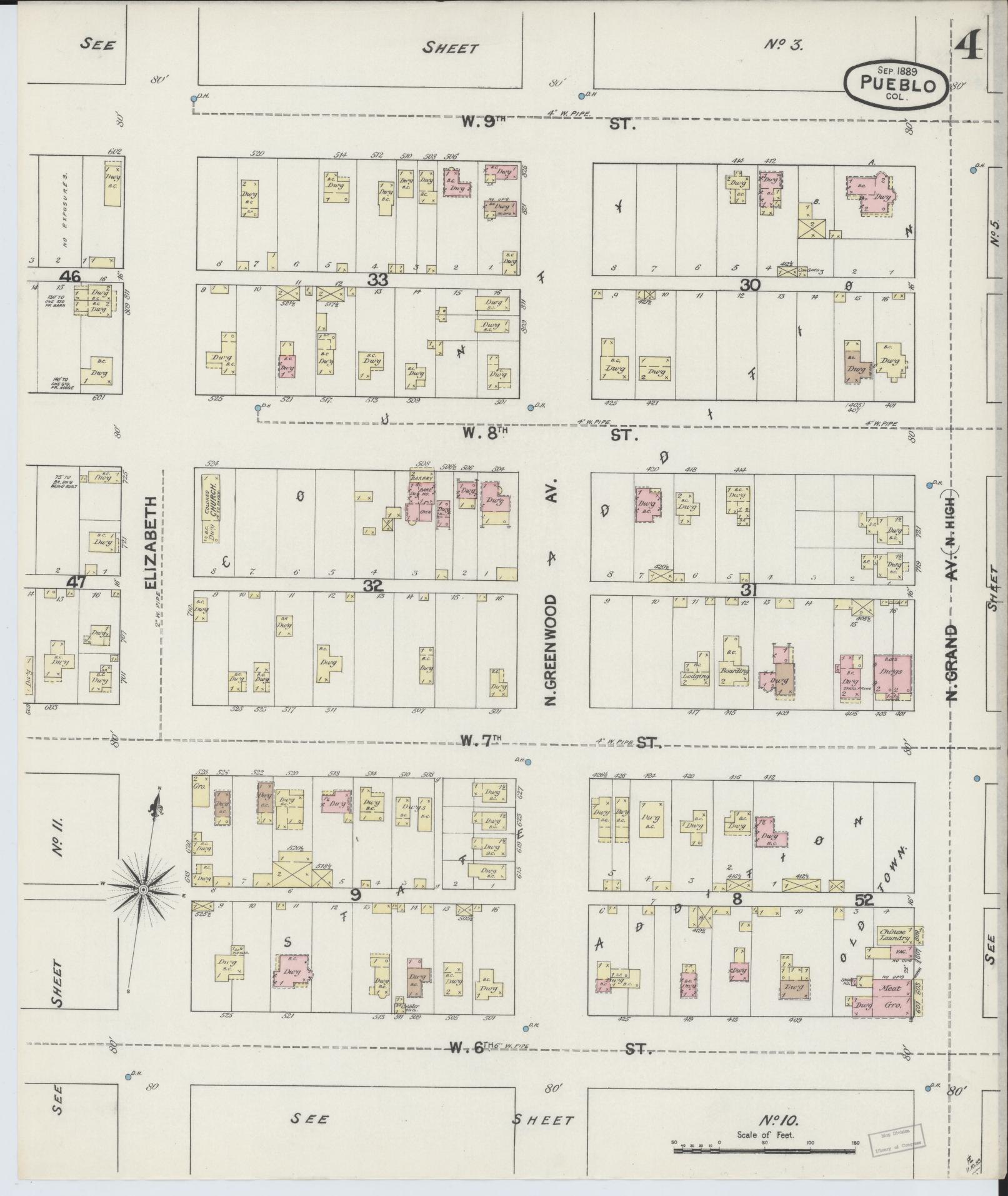 Sanborn Fire Insurance Map from Pueblo, Pueblo County, Colorado (1889), Sheet #0004 - Complete Map Set gallery image, historic Sanborn map, vintage wall art, Colorado Colorado