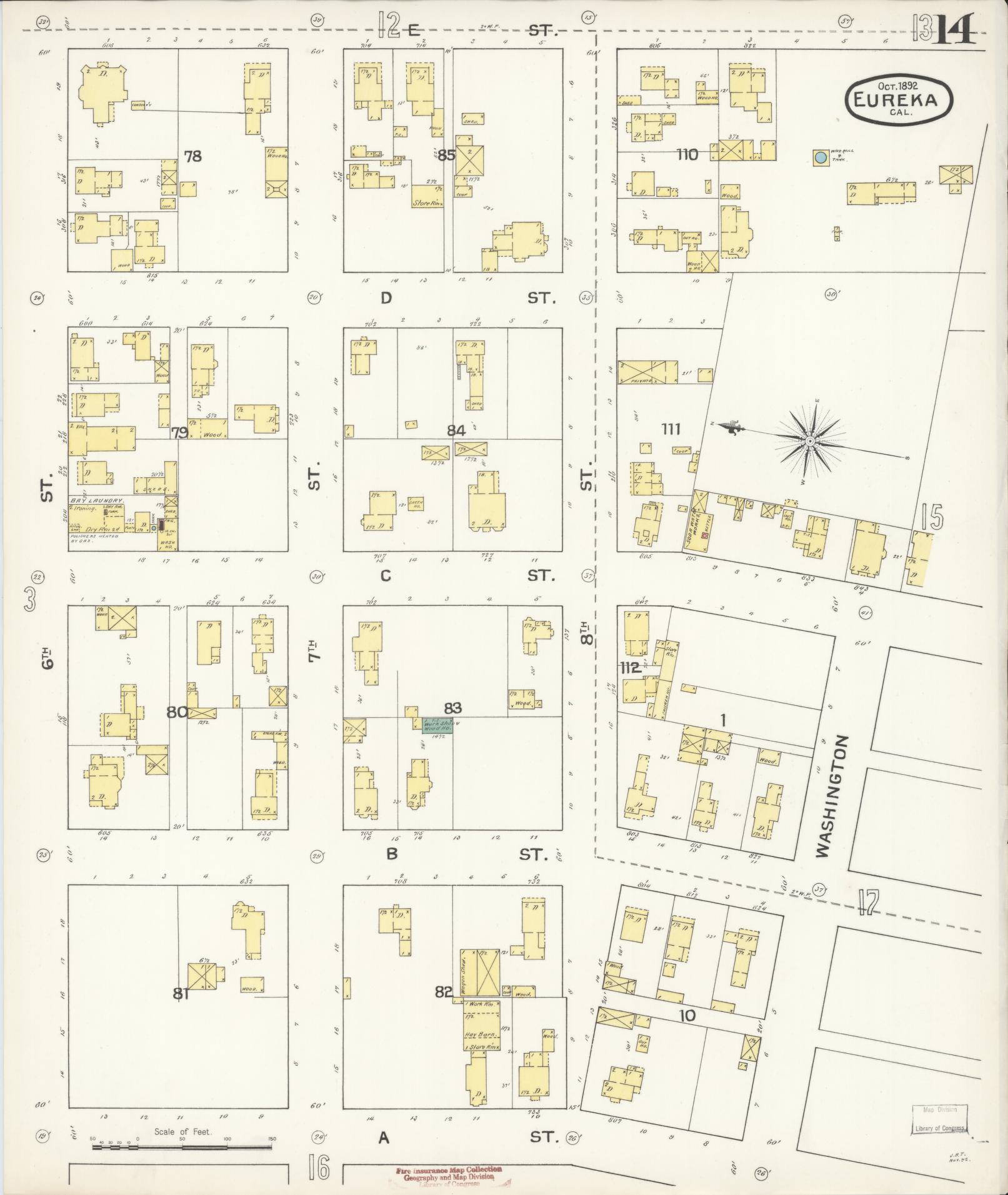Sanborn Fire Insurance Map from Eureka, Humboldt County, California (1892), Sheet #0014 - Historic Sanborn Fire Insurance Map Print, vintage old map wall art, antique decor, genealogy gift, California California map