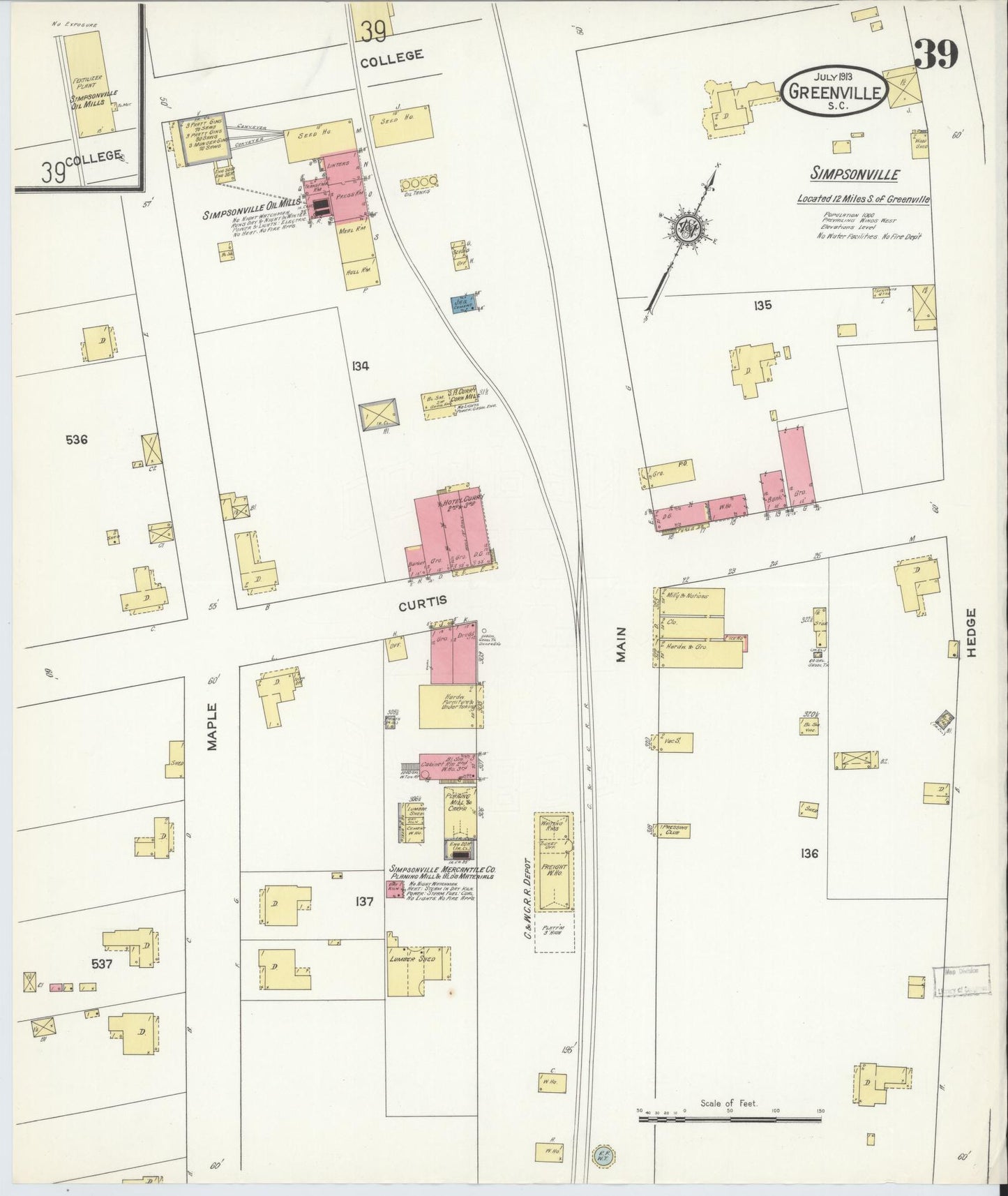 Sanborn Fire Insurance Map from Greenville, Greenville County, South Carolina (1913), Sheet #0039 - Historic Sanborn Fire Insurance Map Print, vintage old map wall art, antique decor, genealogy gift, South Carolina South Carolina map