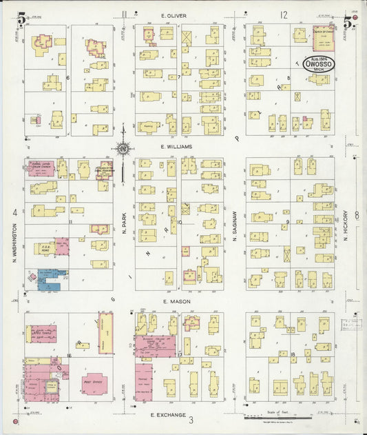 Sanborn Fire Insurance Map from Owosso, Shiawassee County, Michigan (1924), Sheet #0005 - Historic Sanborn Fire Insurance Map Print, vintage old map wall art, antique decor, genealogy gift, Michigan Michigan map