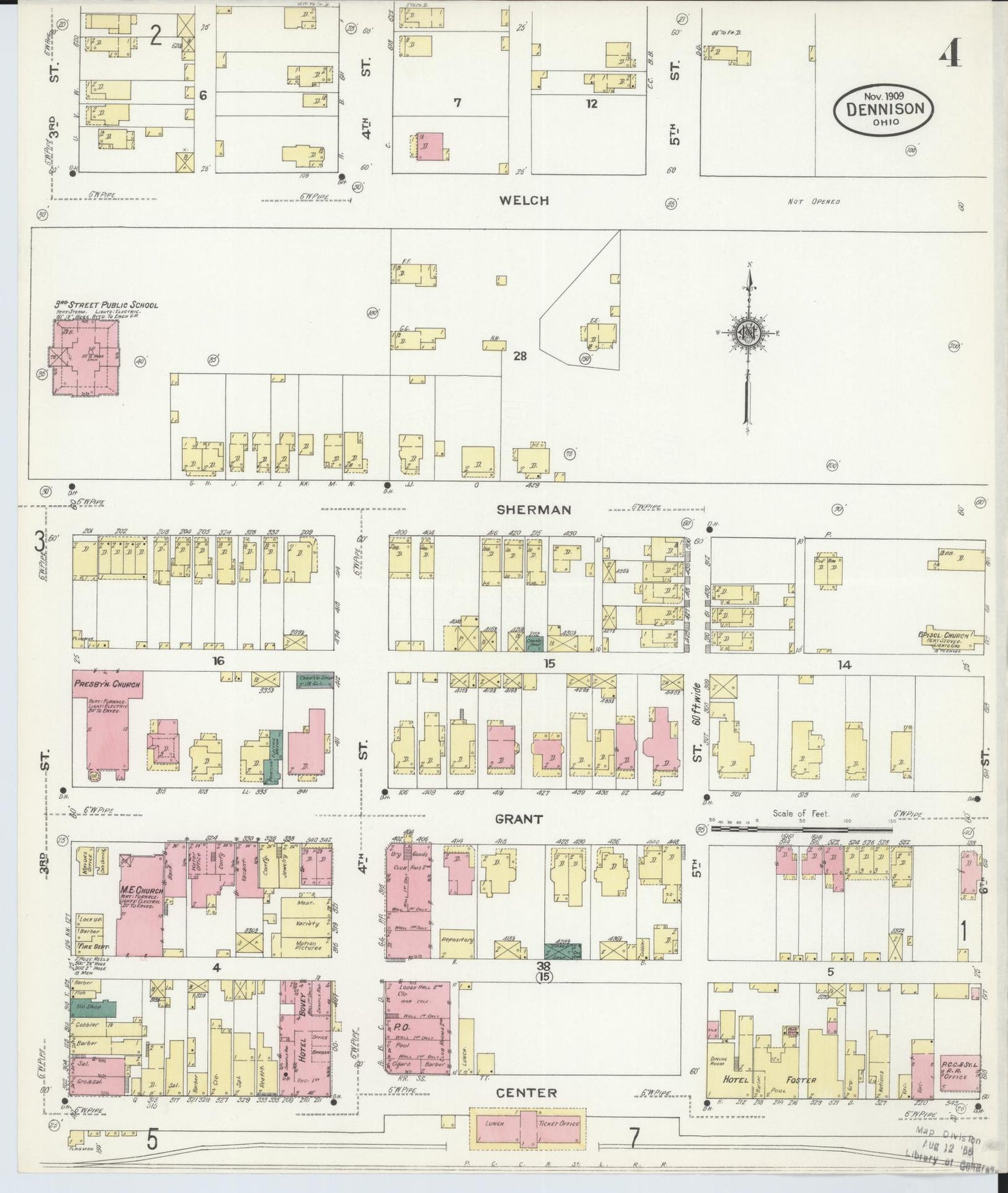 Sanborn Fire Insurance Map from Dennison, Tuscarawas County, Ohio (1909), Sheet #0004 - Historic Sanborn Fire Insurance Map Print, vintage old map wall art, antique decor, genealogy gift, Ohio Ohio map