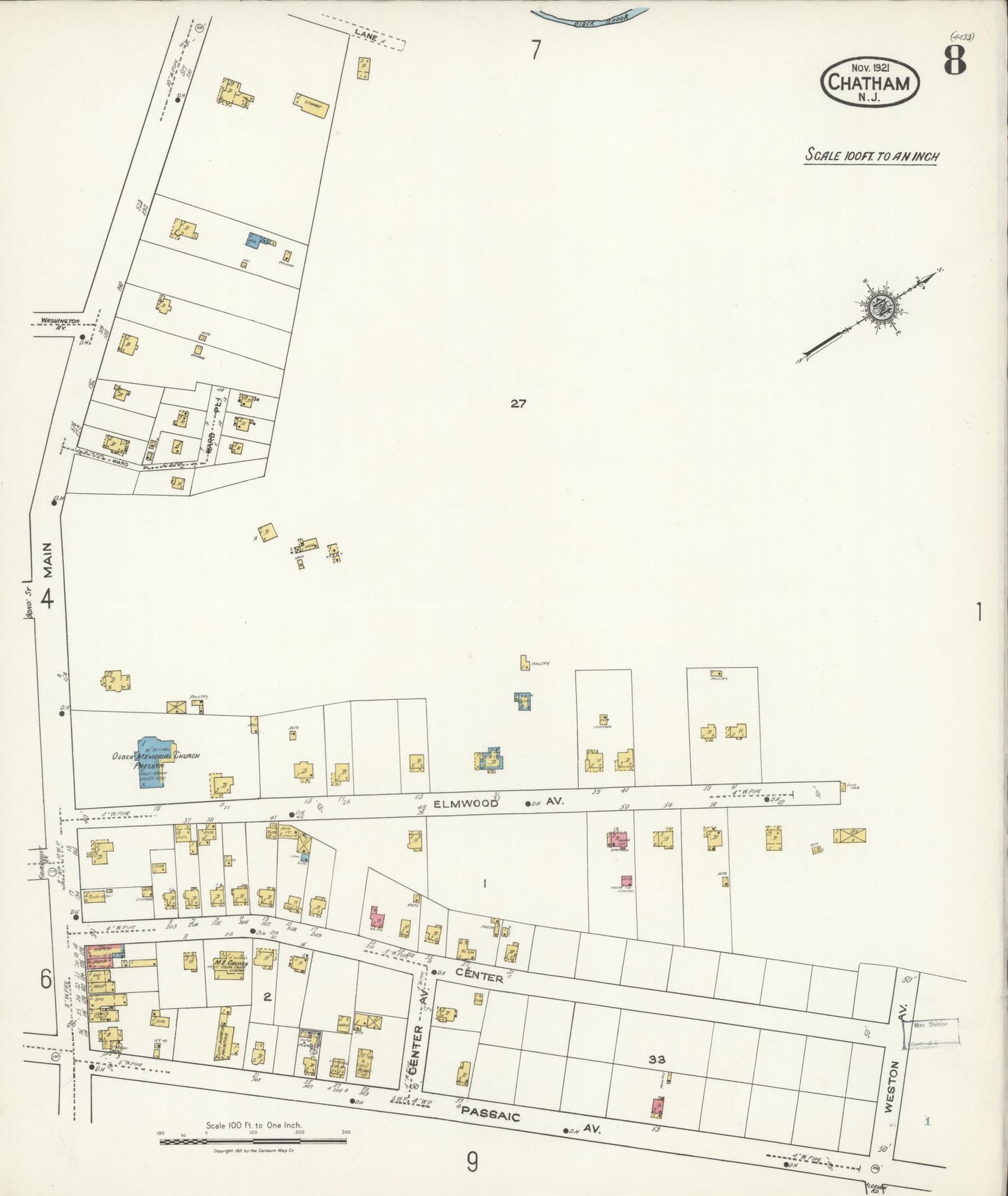 Sanborn Fire Insurance Map from Chatham, Morris County, New Jersey (1921), Sheet #0008 - Complete Map Set gallery image, historic Sanborn map, vintage wall art, New Jersey New Jersey