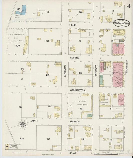 Sanborn Fire Insurance Map from Waxahachie, Ellis County, Texas (1890), Sheet #0004 - Historic Sanborn Fire Insurance Map Print, vintage old map wall art, antique decor, genealogy gift, Texas Texas map