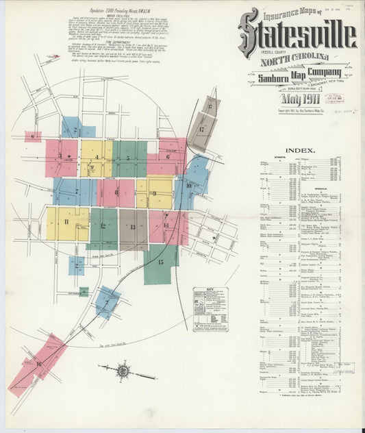 Sanborn Fire Insurance Map from Statesville, Iredell County, North Carolina (1911), Sheet #0001 - Historic Sanborn Fire Insurance Map Print, vintage old map wall art, antique decor, genealogy gift, North Carolina North Carolina map