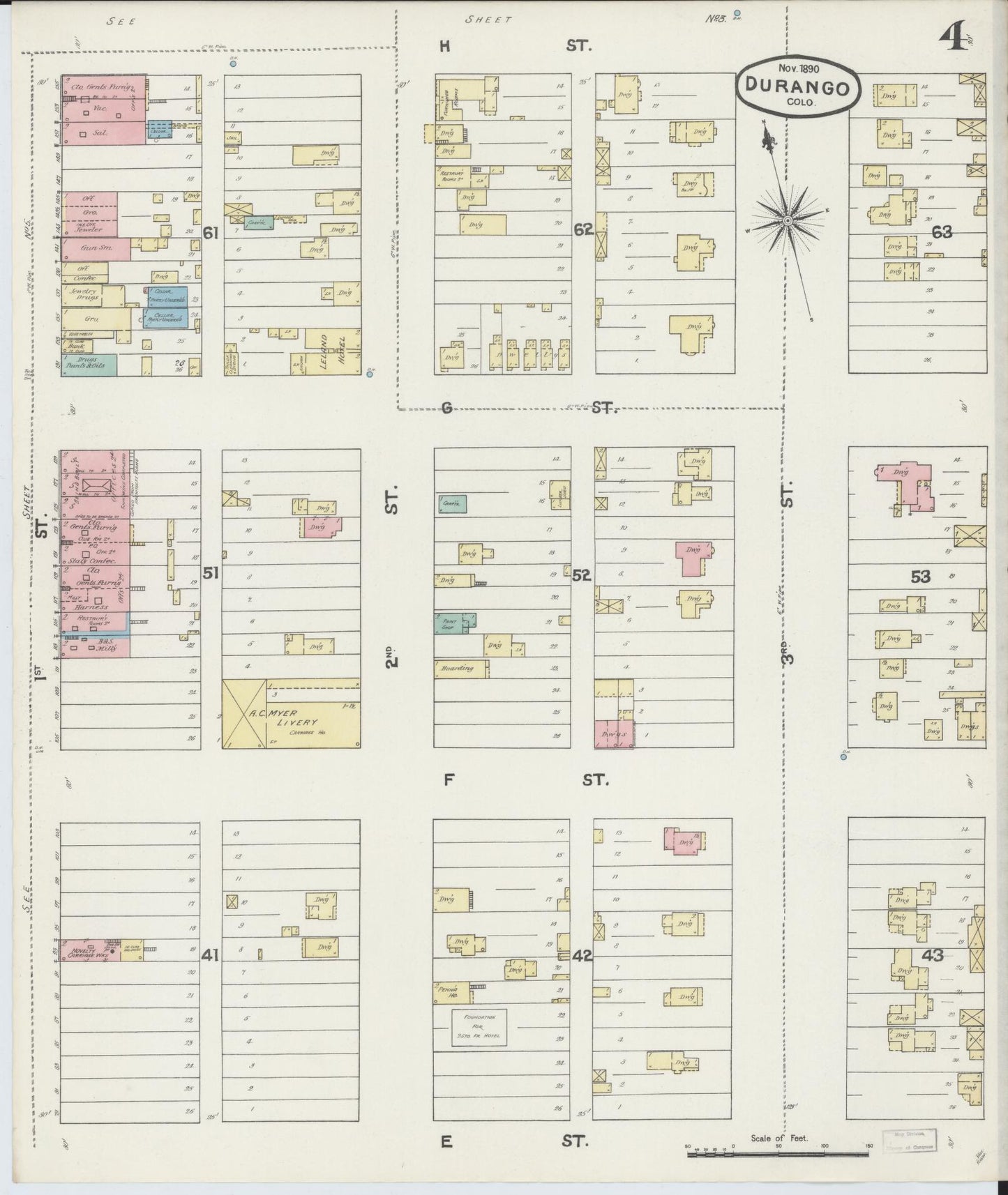 Sanborn Fire Insurance Map from Durango, La Plata County, Colorado (1890), Sheet #0004 - Complete Map Set gallery image, historic Sanborn map, vintage wall art, Colorado Colorado