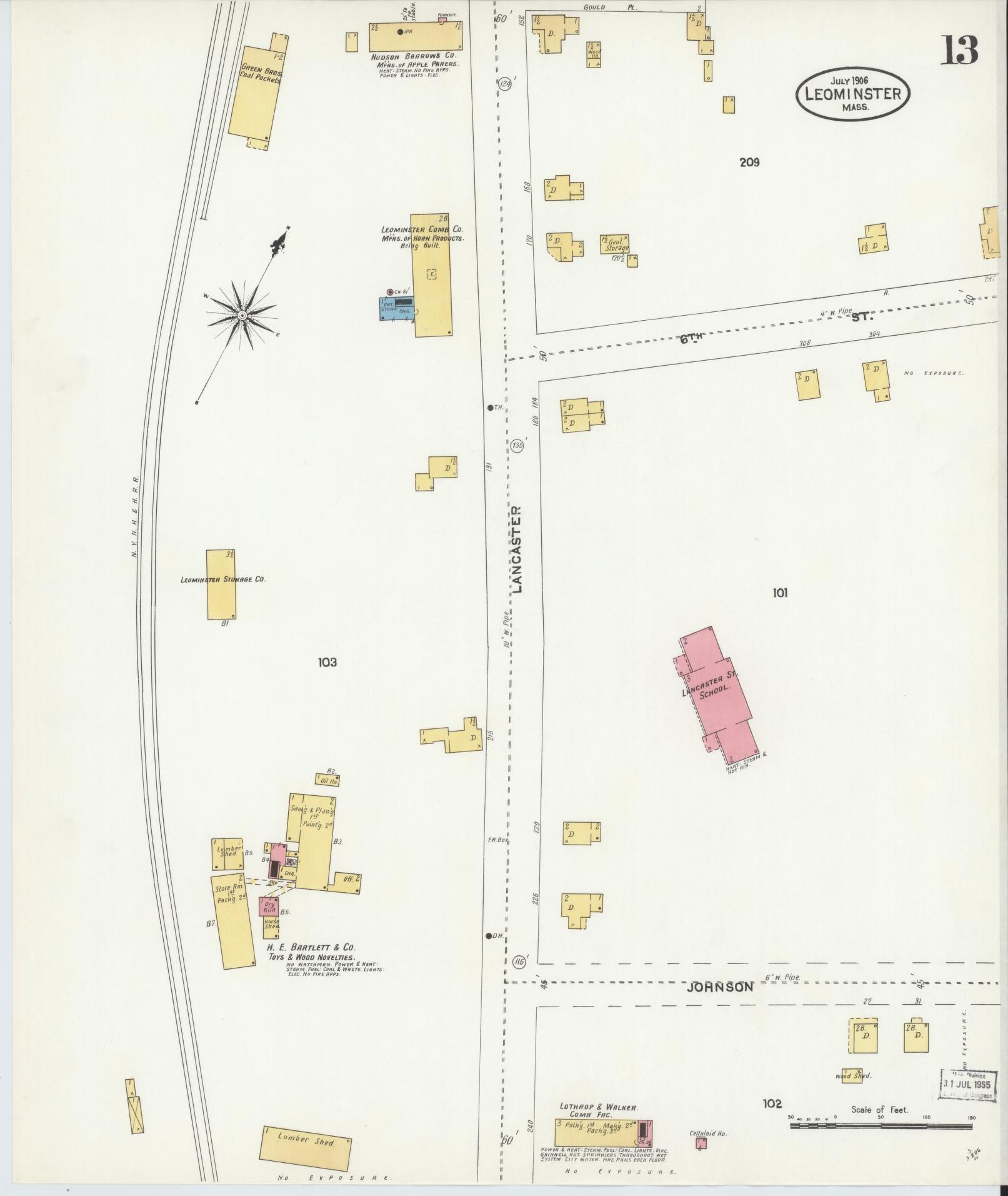 Sanborn Fire Insurance Map from Leominster, Worcester County, Massachusetts (1906), Sheet #0013 - Historic Sanborn Fire Insurance Map Print, vintage old map wall art, antique decor, genealogy gift, Massachusetts Massachusetts map