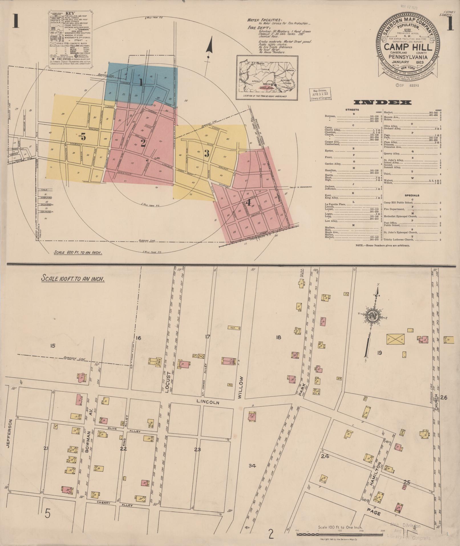 Sanborn Fire Insurance Map from Camp Hill, Cumberland County, Pennsylvania (1923), Sheet #0001 - Historic Sanborn Fire Insurance Map Print, vintage old map wall art, antique decor, genealogy gift, Pennsylvania Pennsylvania map