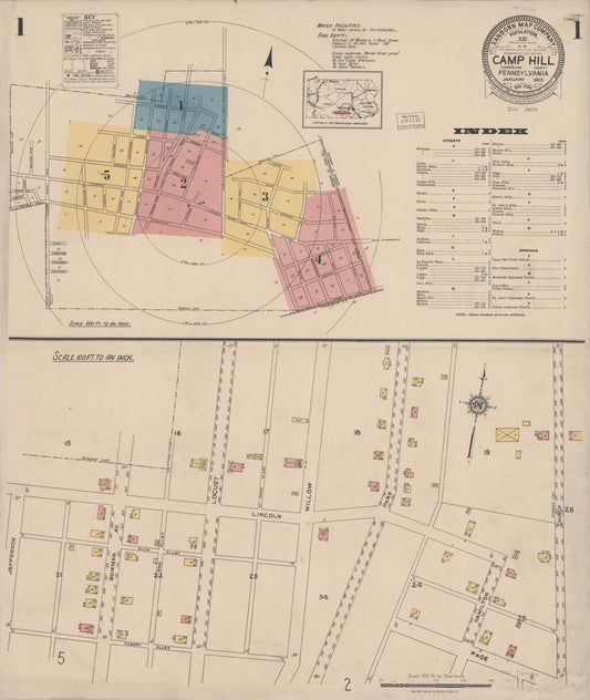 Sanborn Fire Insurance Map from Camp Hill, Cumberland County, Pennsylvania (1923), Sheet #0001 - Historic Sanborn Fire Insurance Map Print, vintage old map wall art, antique decor, genealogy gift, Pennsylvania Pennsylvania map