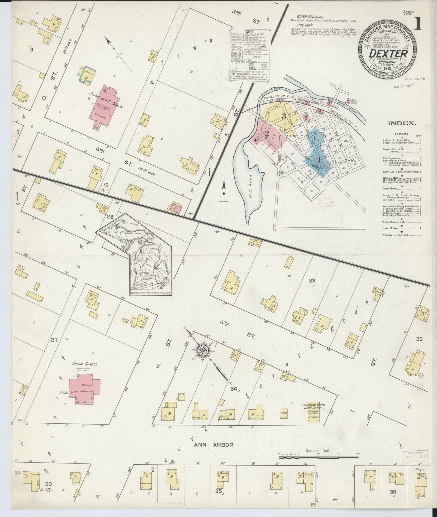 Sanborn Fire Insurance Map from Dexter, Washtenaw County, Michigan (1912), Sheet #0001 - Complete Map Set gallery image, historic Sanborn map, vintage wall art, Michigan Michigan
