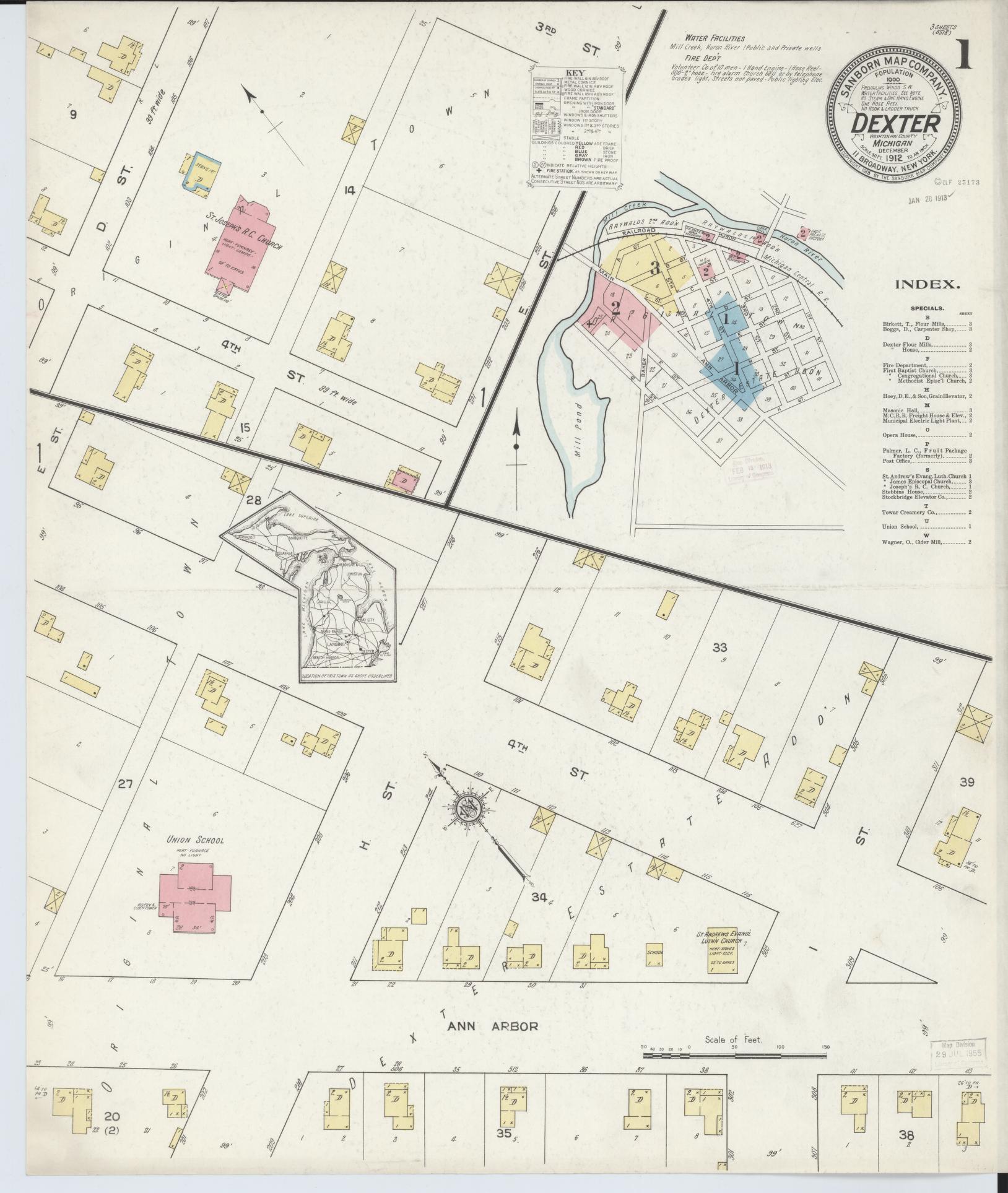 Sanborn Fire Insurance Map from Dexter, Washtenaw County, Michigan (1912), Sheet #0001 - Complete Map Set gallery image, historic Sanborn map, vintage wall art, Michigan Michigan