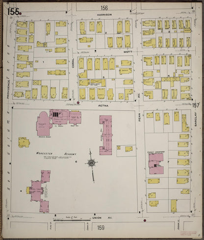 Sanborn Fire Insurance Map from Worcester, Worcester County, Massachusetts (1910), Sheet #0155 - Historic Sanborn Fire Insurance Map Print, vintage old map wall art, antique decor, genealogy gift, Massachusetts Massachusetts map