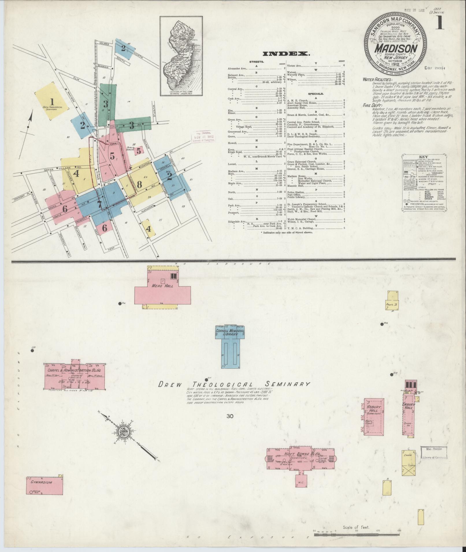 Sanborn Fire Insurance Map from Madison, Morris County, New Jersey (1912), Sheet #0001 - Complete Map Set gallery image, historic Sanborn map, vintage wall art, New Jersey New Jersey