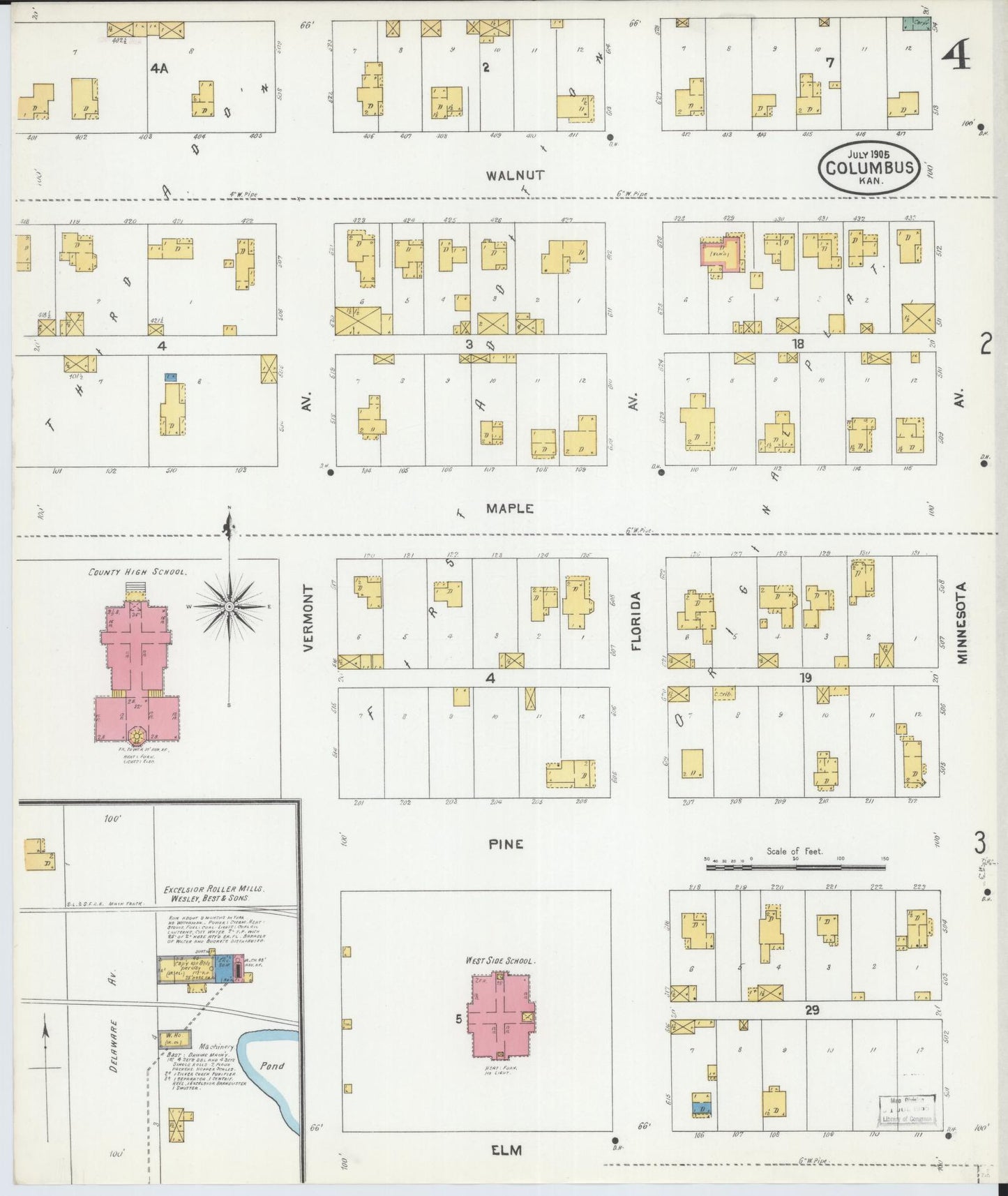 Sanborn Fire Insurance Map from Columbus, Cherokee County, Kansas (1905), Sheet #0004 - Historic Sanborn Fire Insurance Map Print, vintage old map wall art, antique decor, genealogy gift, Kansas Kansas map