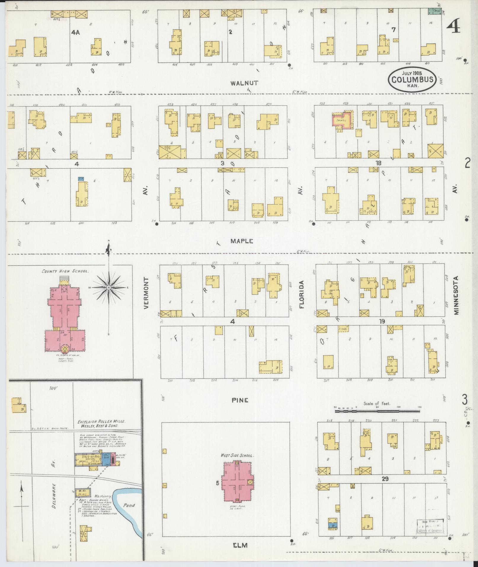 Sanborn Fire Insurance Map from Columbus, Cherokee County, Kansas (1905), Sheet #0004 - Historic Sanborn Fire Insurance Map Print, vintage old map wall art, antique decor, genealogy gift, Kansas Kansas map