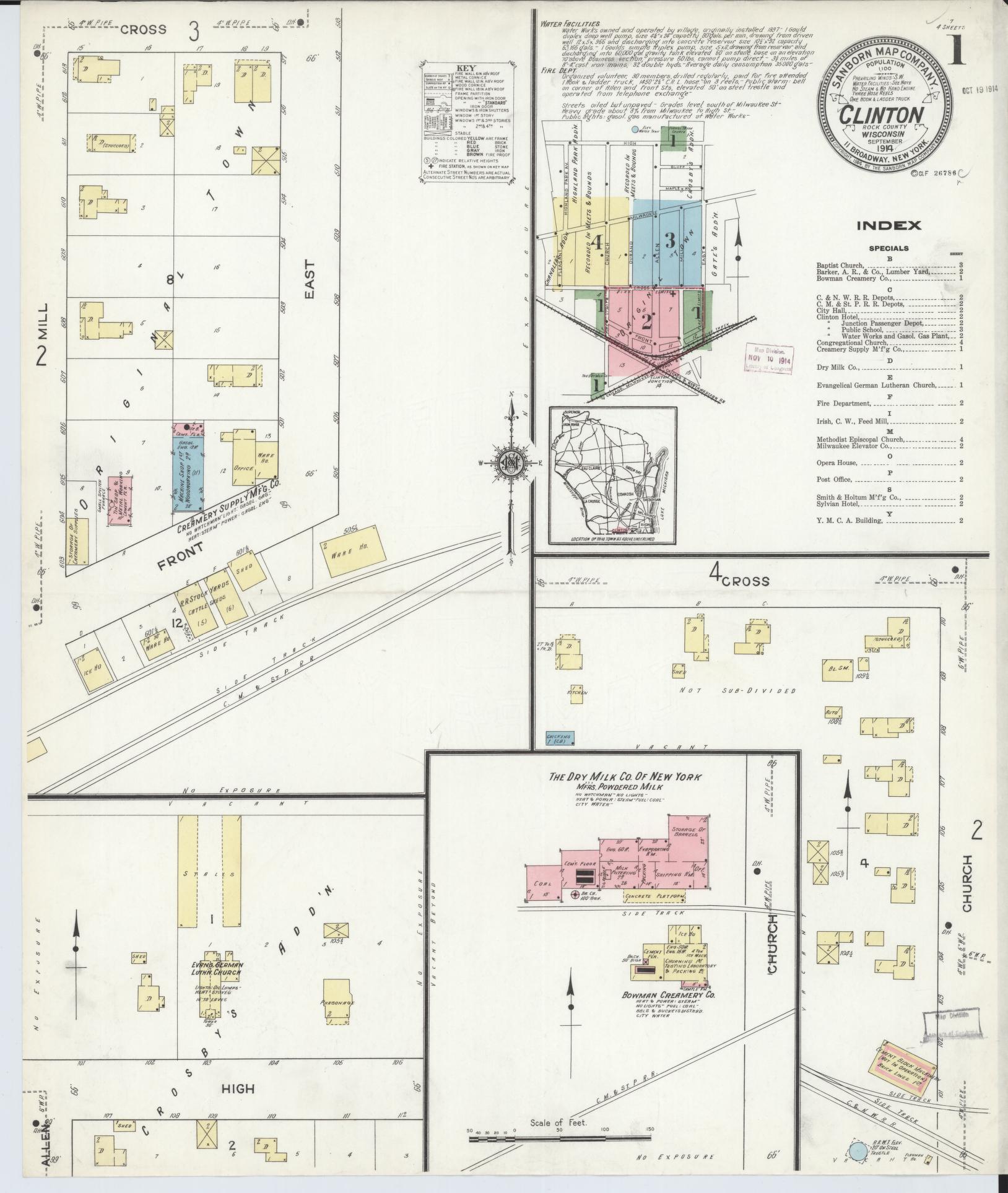 Sanborn Fire Insurance Map from Clinton, Rock County, Wisconsin (1914), Sheet #0001 - Complete Map Set gallery image, historic Sanborn map, vintage wall art, Wisconsin Wisconsin