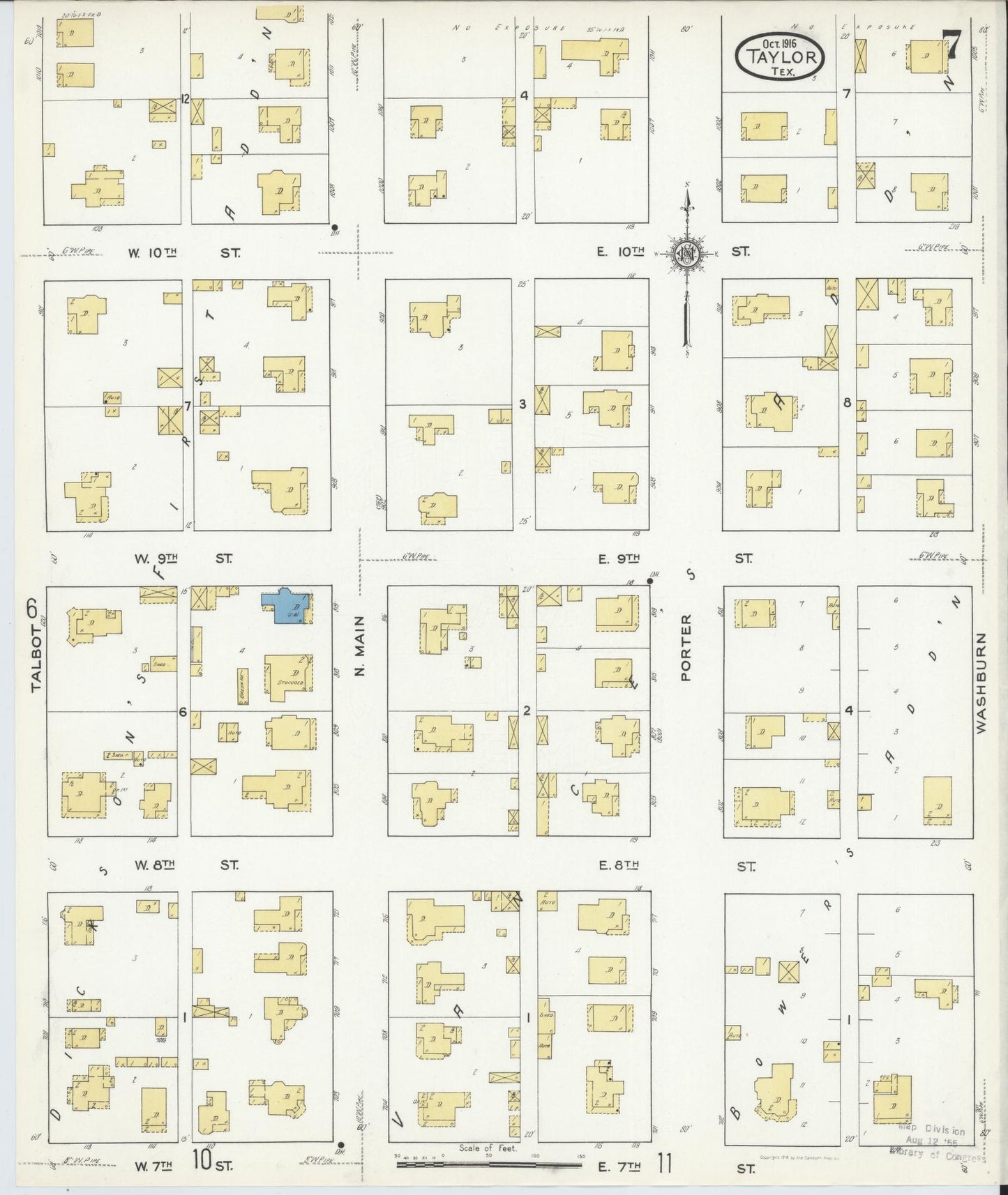 Sanborn Fire Insurance Map from Taylor, Williamson County, Texas (1916), Sheet #0007 - Complete Map Set gallery image, historic Sanborn map, vintage wall art, Texas Texas