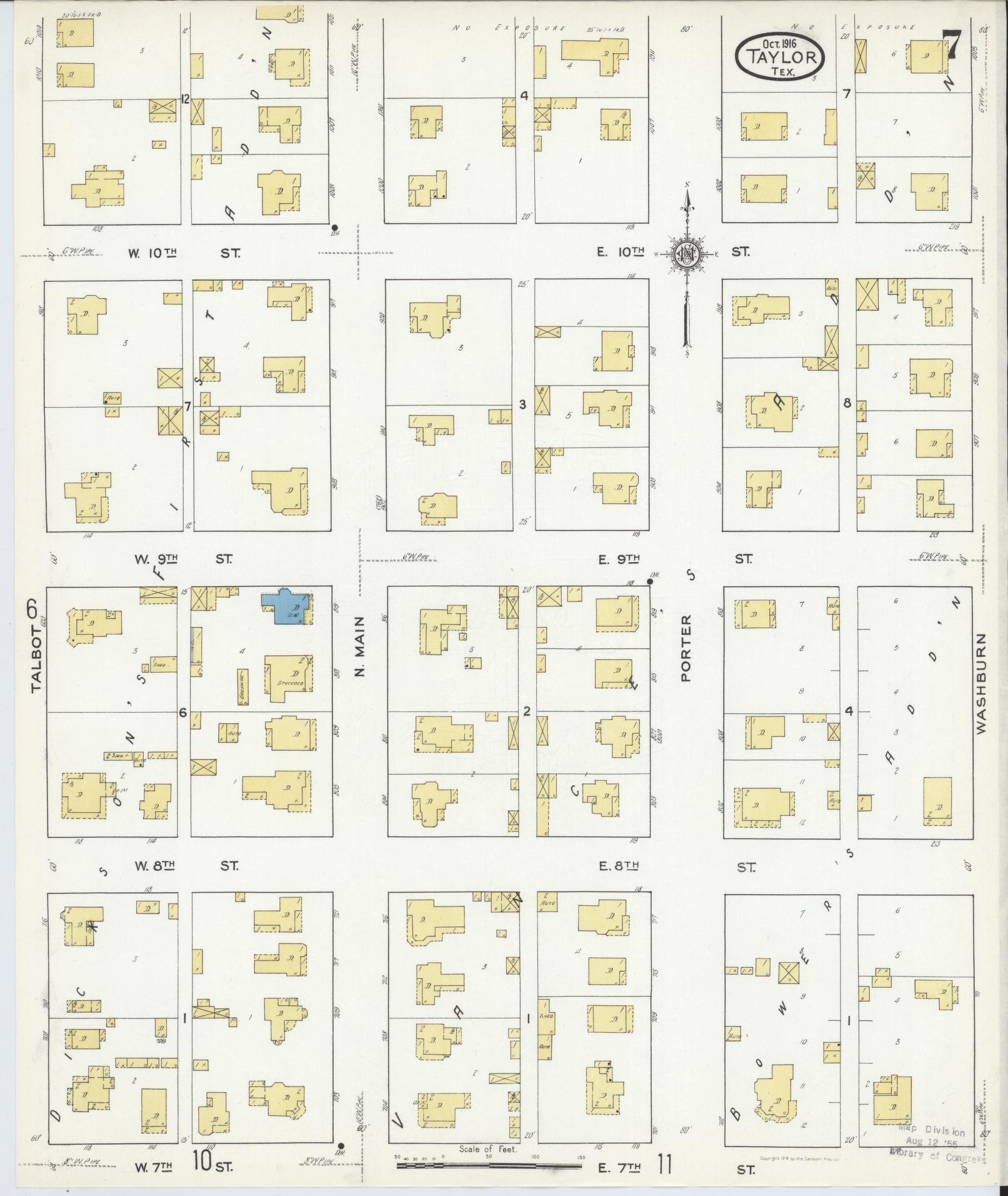 Sanborn Fire Insurance Map from Taylor, Williamson County, Texas (1916), Sheet #0007 - Complete Map Set gallery image, historic Sanborn map, vintage wall art, Texas Texas
