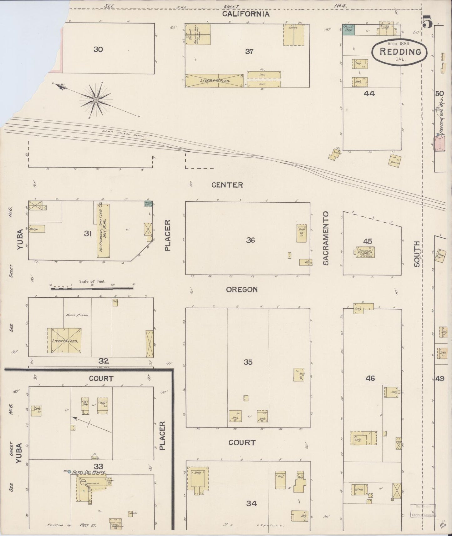 Sanborn Fire Insurance Map from Redding, Shasta County, California (1889), Sheet #0005 - Complete Map Set gallery image, historic Sanborn map, vintage wall art, California California