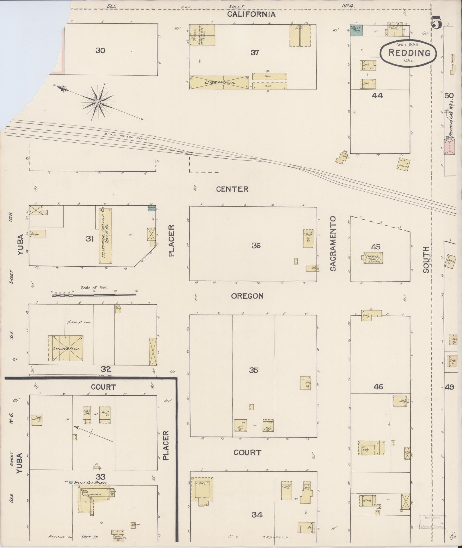 Sanborn Fire Insurance Map from Redding, Shasta County, California (1889), Sheet #0005 - Complete Map Set gallery image, historic Sanborn map, vintage wall art, California California