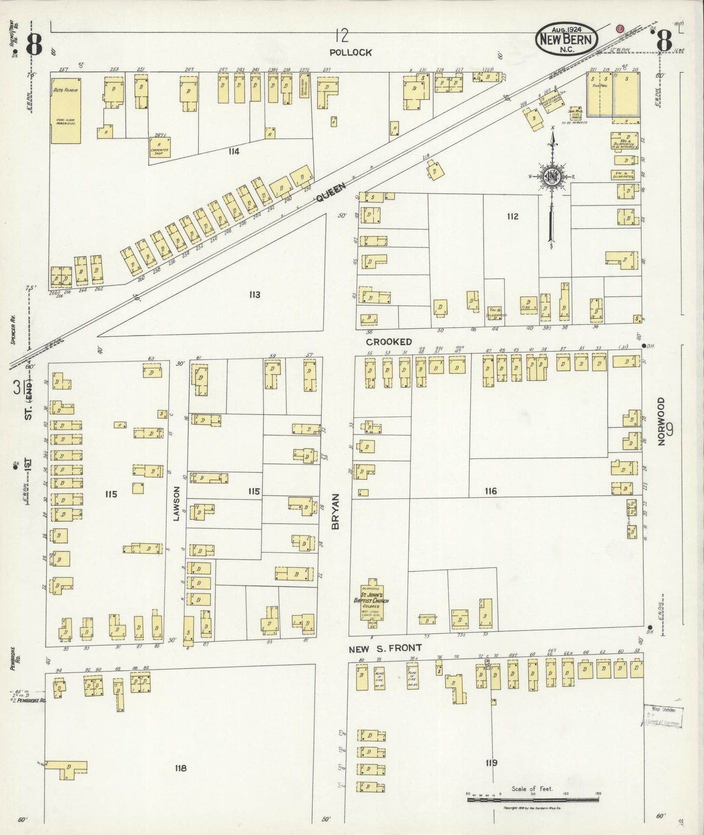 Sanborn Fire Insurance Map from New Bern, Craven County, North Carolina (1924), Sheet #0008 - Complete Map Set gallery image, historic Sanborn map, vintage wall art, North Carolina North Carolina