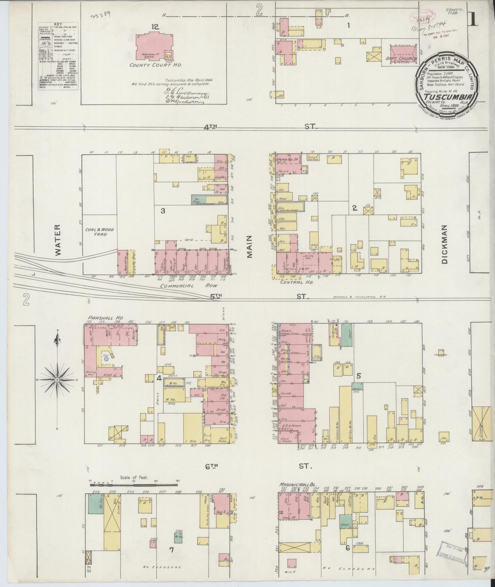 Sanborn Fire Insurance Map from Tuscumbia, Colbert County, Alabama (1894), Sheet #0001 - Historic Sanborn Fire Insurance Map Print, vintage old map wall art, antique decor, genealogy gift, Alabama Alabama map