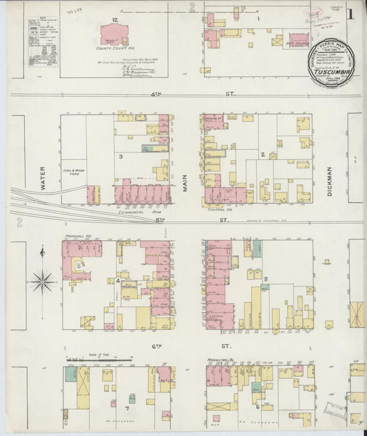 Sanborn Fire Insurance Map from Tuscumbia, Colbert County, Alabama (1894), Sheet #0001 - Historic Sanborn Fire Insurance Map Print, vintage old map wall art, antique decor, genealogy gift, Alabama Alabama map