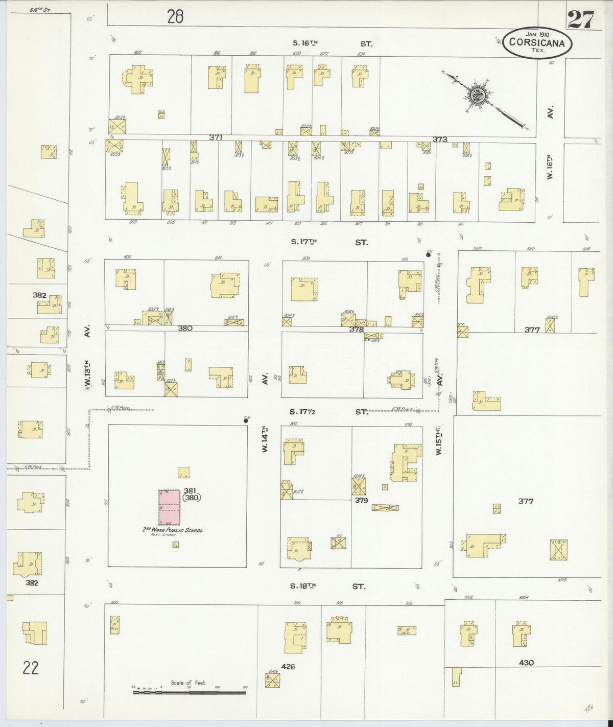Sanborn Fire Insurance Map from Corsicana, Navarro County, Texas (1910), Sheet #0027 - Complete Map Set gallery image, historic Sanborn map, vintage wall art, Texas Texas