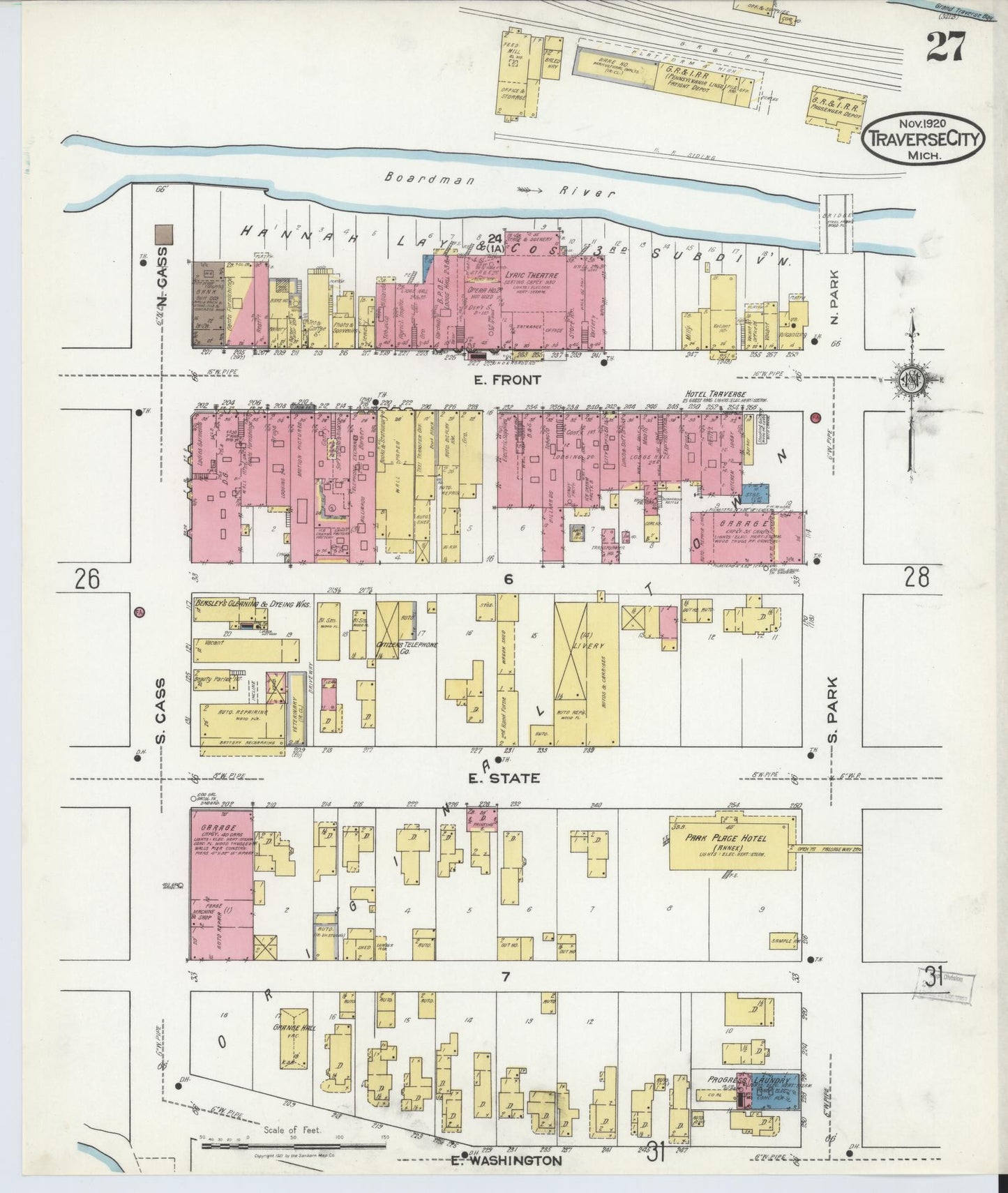 Sanborn Fire Insurance Map from Traverse City, Grand Traverse County, Michigan (1920), Sheet #0027 - Complete Map Set gallery image, historic Sanborn map, vintage wall art, Michigan Michigan