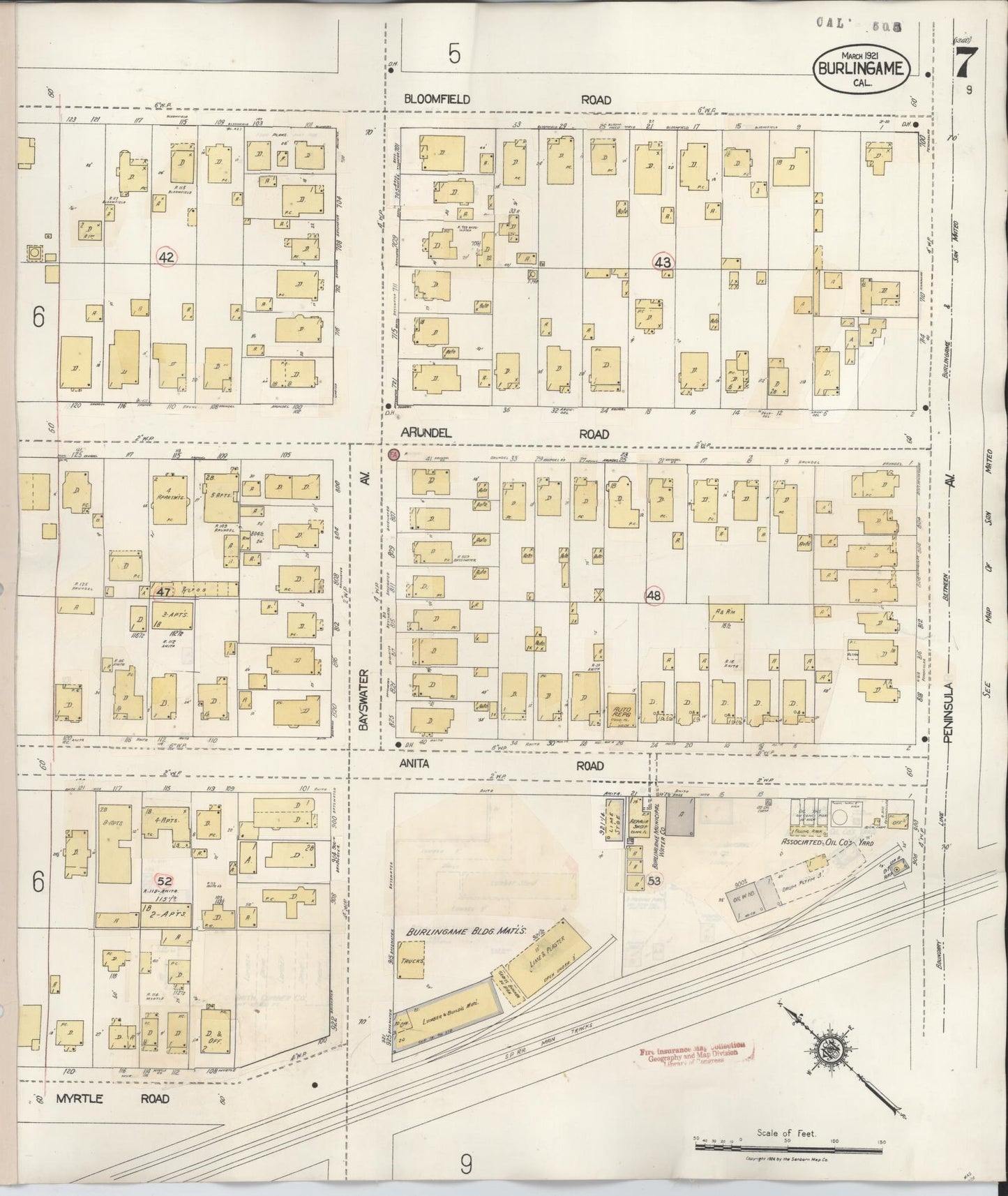 Sanborn Fire Insurance Map from Burlingame, San Mateo County, California (1949), Sheet #0007 - Complete Map Set gallery image, historic Sanborn map, vintage wall art, California California