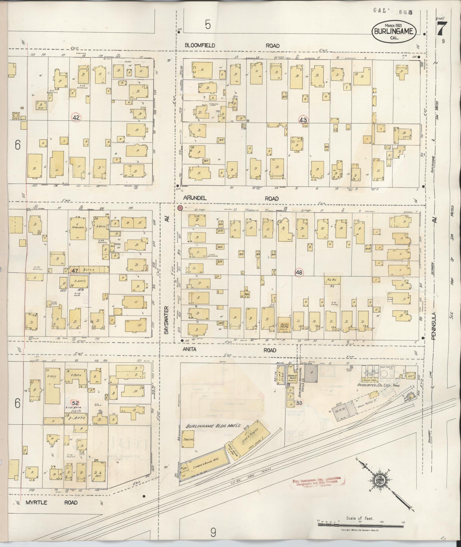 Sanborn Fire Insurance Map from Burlingame, San Mateo County, California (1949), Sheet #0007 - Complete Map Set gallery image, historic Sanborn map, vintage wall art, California California