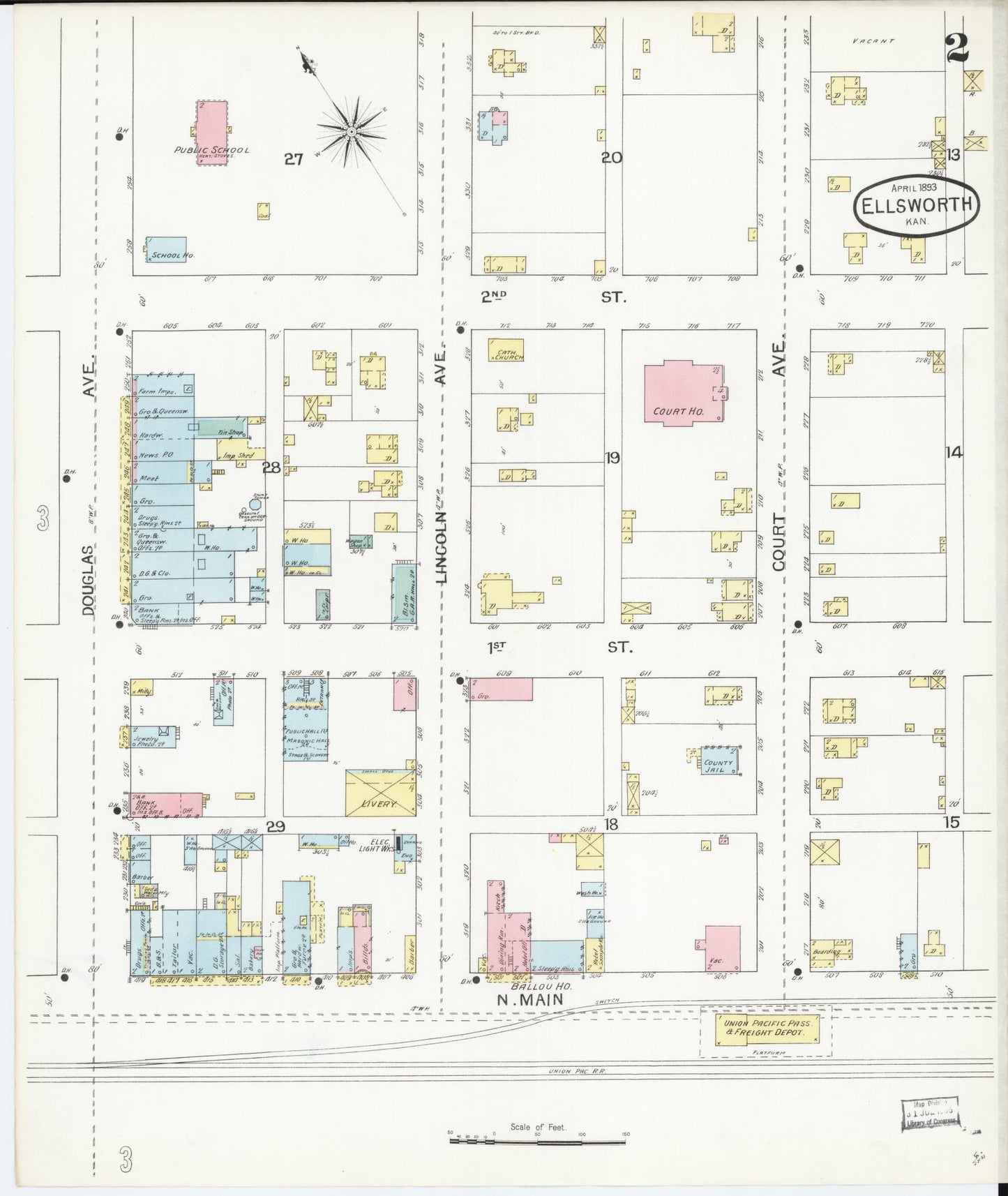 Sanborn Fire Insurance Map from Ellsworth, Ellsworth County, Kansas (1893), Sheet #0002 - Complete Map Set gallery image, historic Sanborn map, vintage wall art, Kansas Kansas