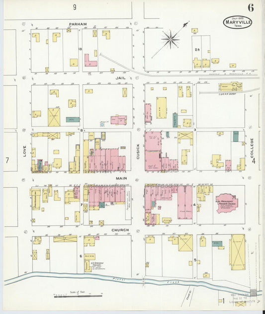Sanborn Fire Insurance Map from Maryville, Blount County, Tennessee (1909), Sheet #0006 - Historic Sanborn Fire Insurance Map Print, vintage old map wall art, antique decor, genealogy gift, Tennessee Tennessee map