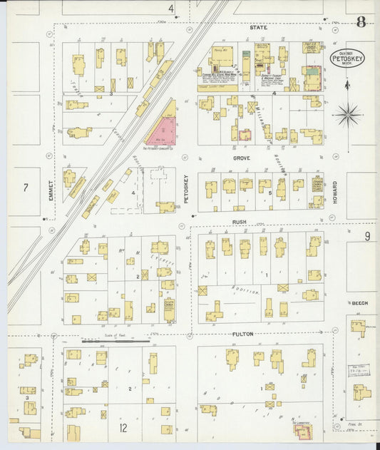 Sanborn Fire Insurance Map from Petoskey, Emmet County, Michigan (1901), Sheet #0008 - Historic Sanborn Fire Insurance Map Print, vintage old map wall art, antique decor, genealogy gift, Michigan Michigan map