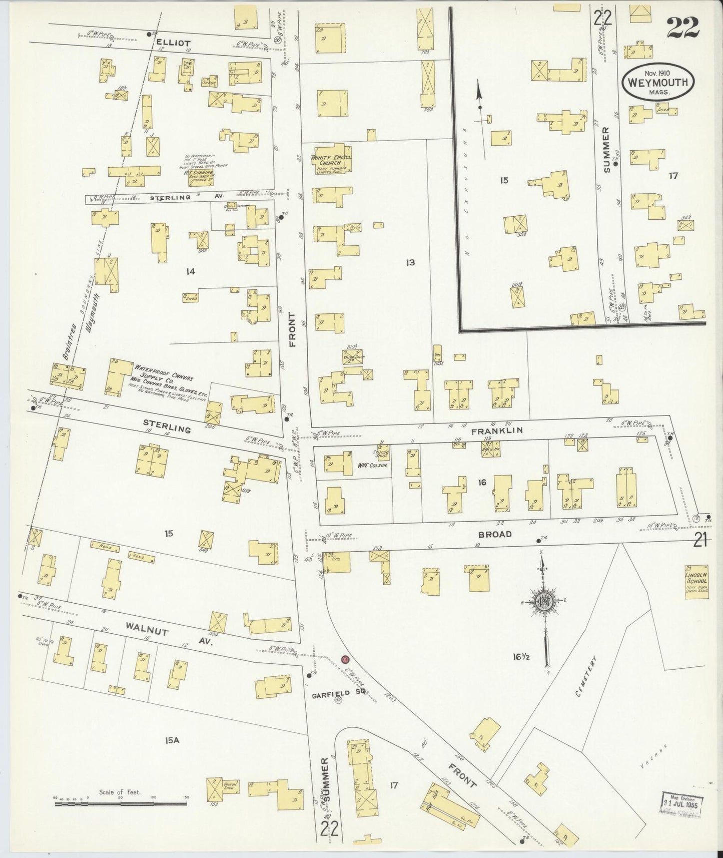 Sanborn Fire Insurance Map from Weymouth, Norfolk County, Massachusetts (1910), Sheet #0022 - Complete Map Set gallery image, historic Sanborn map, vintage wall art, Massachusetts Massachusetts