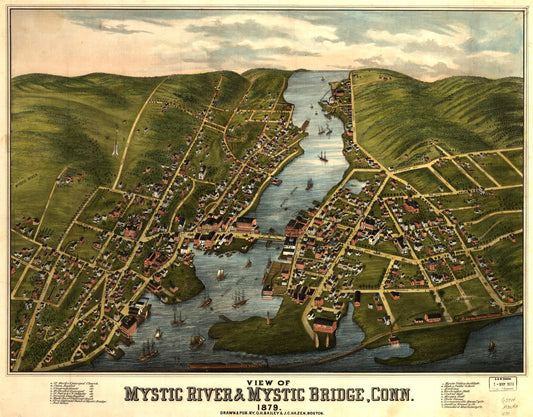 View of Mystic River & Mystic Bridge, Conn. 1879. (1879) – Historic Bird’s-Eye View Panorama Print