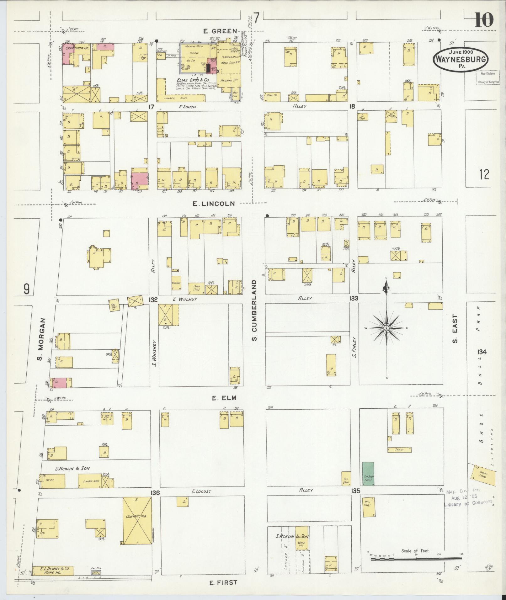 Sanborn Fire Insurance Map from Waynesburg, Greene County, Pennsylvania (1908), Sheet #0010 - Historic Sanborn Fire Insurance Map Print, vintage old map wall art, antique decor, genealogy gift, Pennsylvania Pennsylvania map