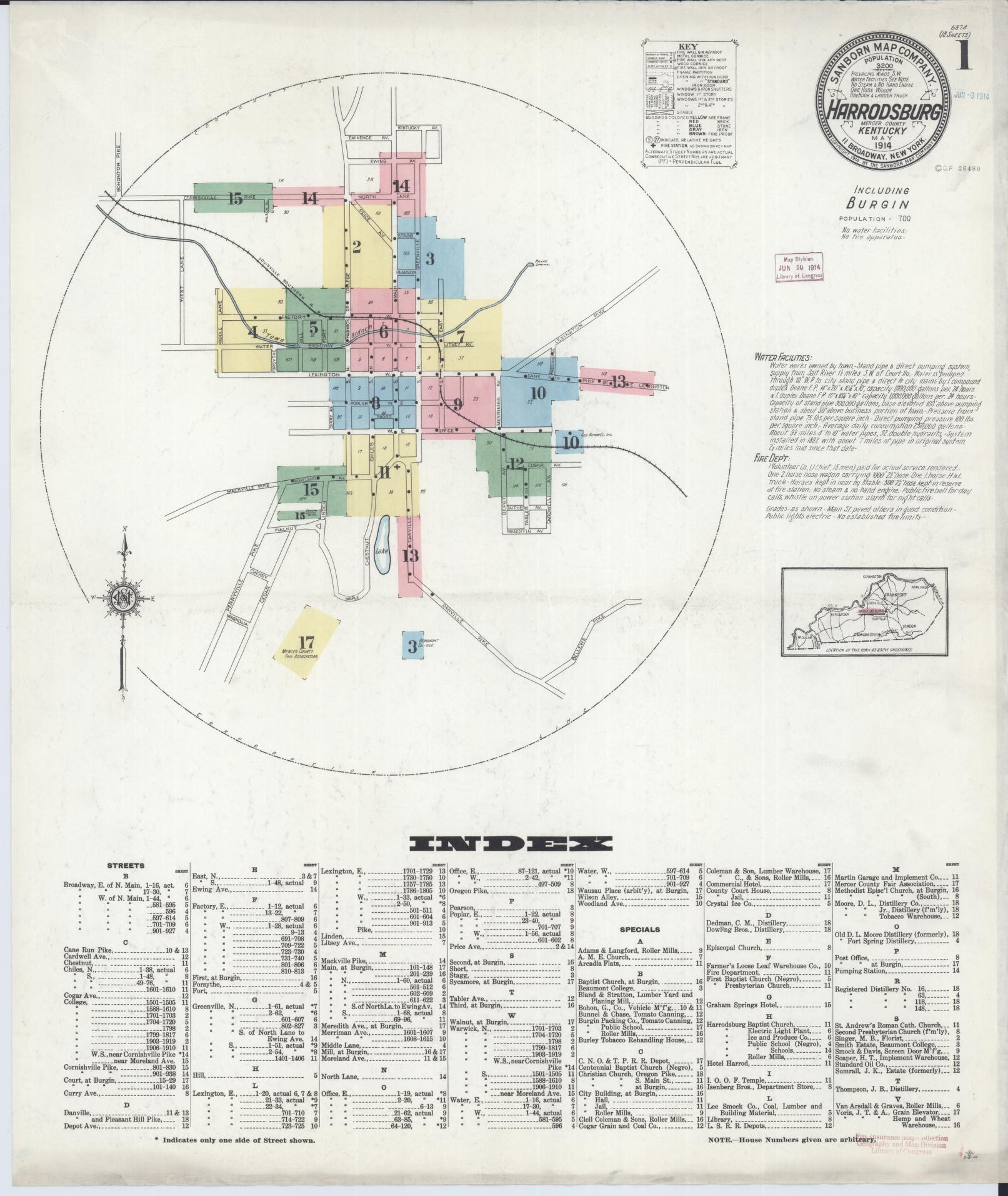 Sanborn Fire Insurance Map from Harrodsburg, Mercer County, Kentucky (1914), Sheet #0001 - Complete Map Set gallery image, historic Sanborn map, vintage wall art, Kentucky Kentucky