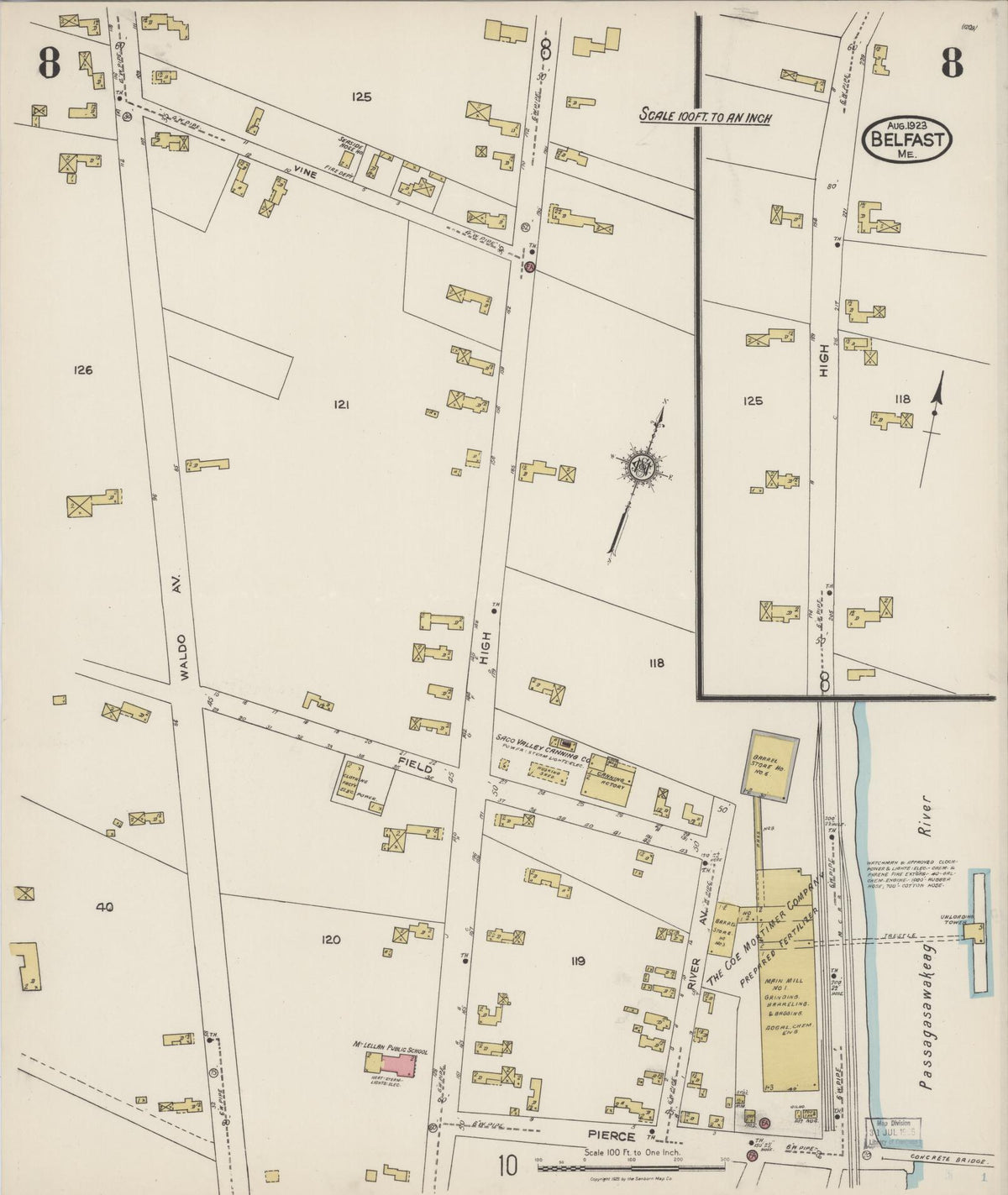 Sanborn Fire Insurance Map from Belfast, Waldo County, Maine (1923), Sheet #0008 - Complete Map Set gallery image, historic Sanborn map, vintage wall art, Maine Maine