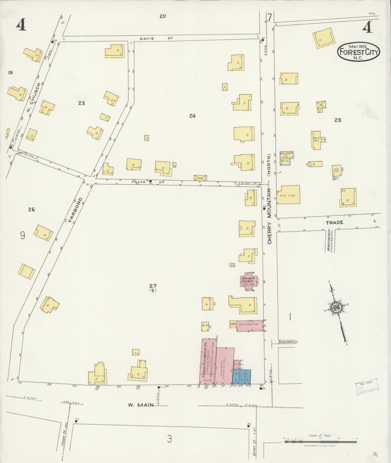 Sanborn Fire Insurance Map from Forest City, Rutherford County, North Carolina (1925), Sheet #0004 - Historic Sanborn Fire Insurance Map Print, vintage old map wall art, antique decor, genealogy gift, North Carolina North Carolina map