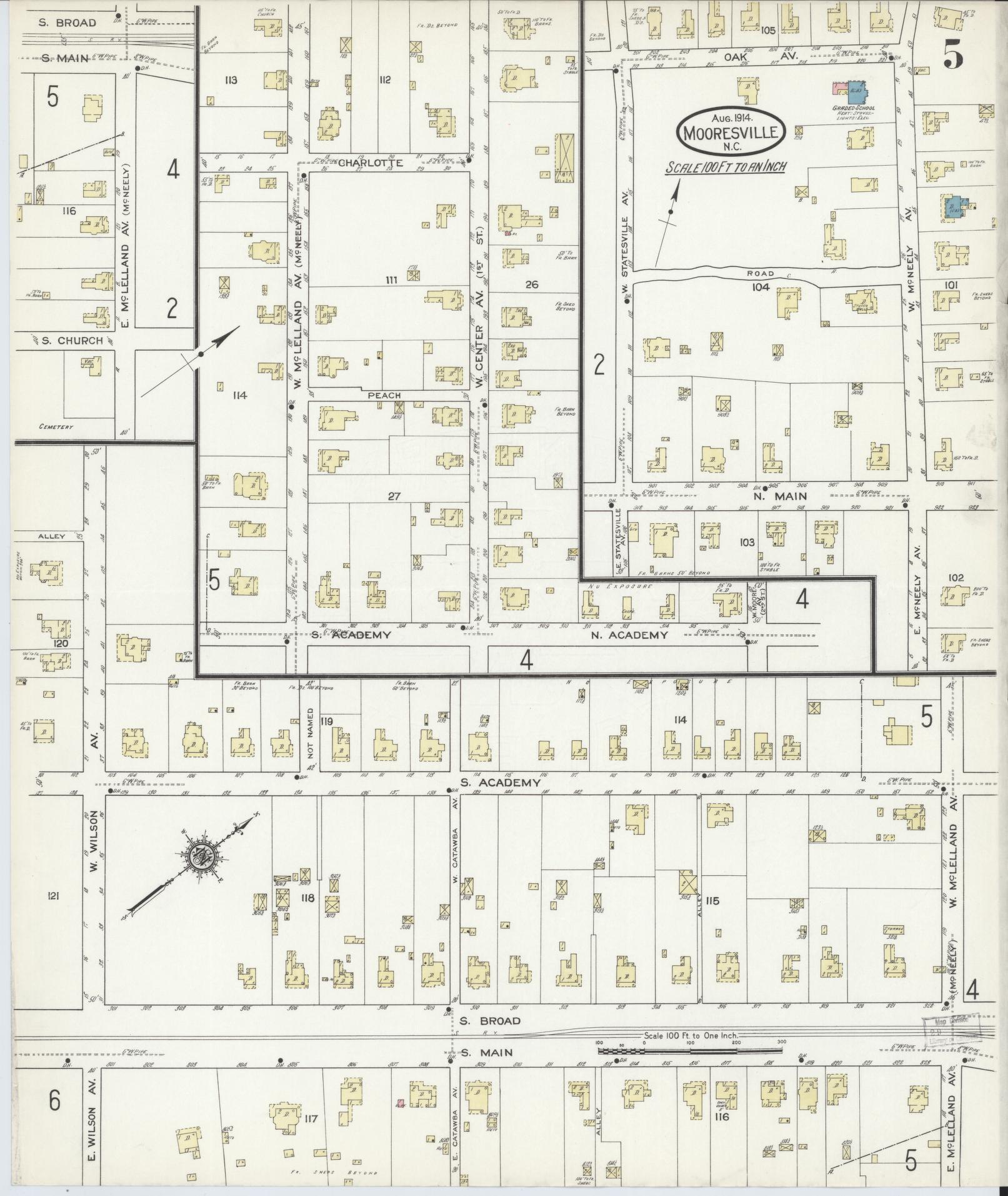 Sanborn Fire Insurance Map from Mooresville, Iredell County, North Carolina (1914), Sheet #0005 - Complete Map Set gallery image, historic Sanborn map, vintage wall art, North Carolina North Carolina
